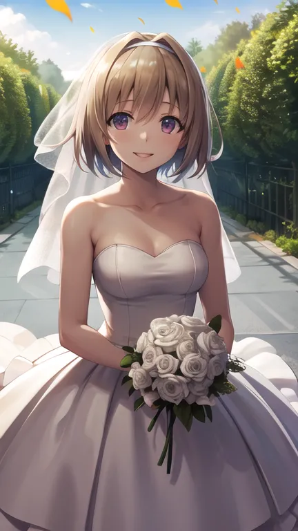 masterpiece, best quality, highres, aakikyo, short hair, hair intakes, white hairband, wedding dress, white dress, white gloves,...