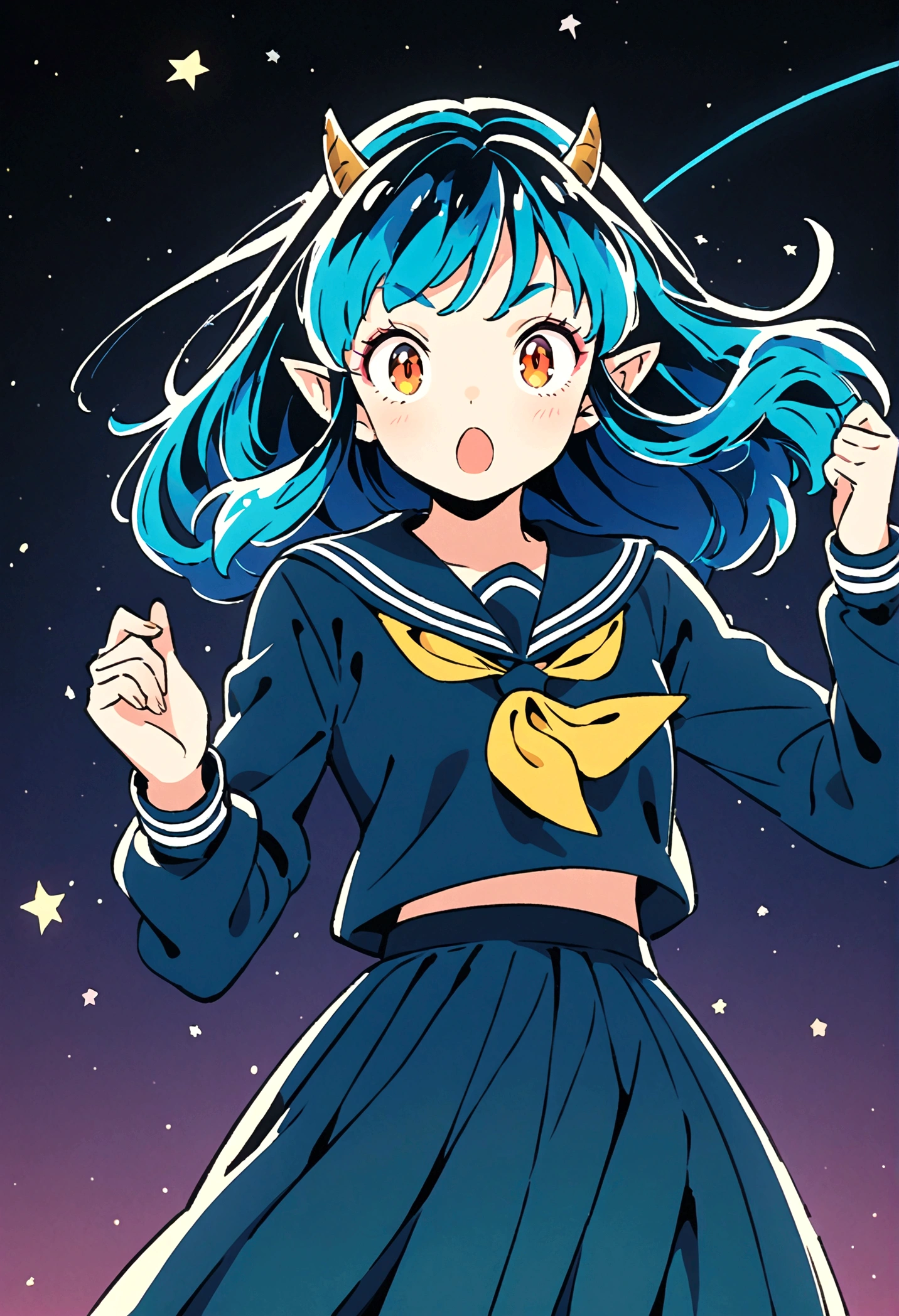 takahashi rumiko style,(1 girl,Lum,long hair,bangs,blue hair,orange eyes,horns,pointy ears,aqua hair,oni horns,(eyeshadow),(shirt,long sleeves,sailor suit,sailor collar,neckerchief,yellow neckerchief,blue shirt,blue sailor collar,blue skirt),the character Lum from "Urusei Yatsura",Do cute girly poses,bright smile,fine,Lum is floating in the air,lightning effect,Bright and cheerful atmosphere,BREAK,(Creates a POP illustration style background,Background elements such as space or a starry sky,Outer space with the moon and stars floating in it,rich colors,colorful,shooting star,draw with thick lines,Sparkling,unbelievably absurd,zentangle elements,vector art),beautiful light and shadow,BREAK,(masterpiece:1.3),(highest quality:1.4),(ultra detailed:1.5),High resolution,extremely detailed,unity 8k wallpaper