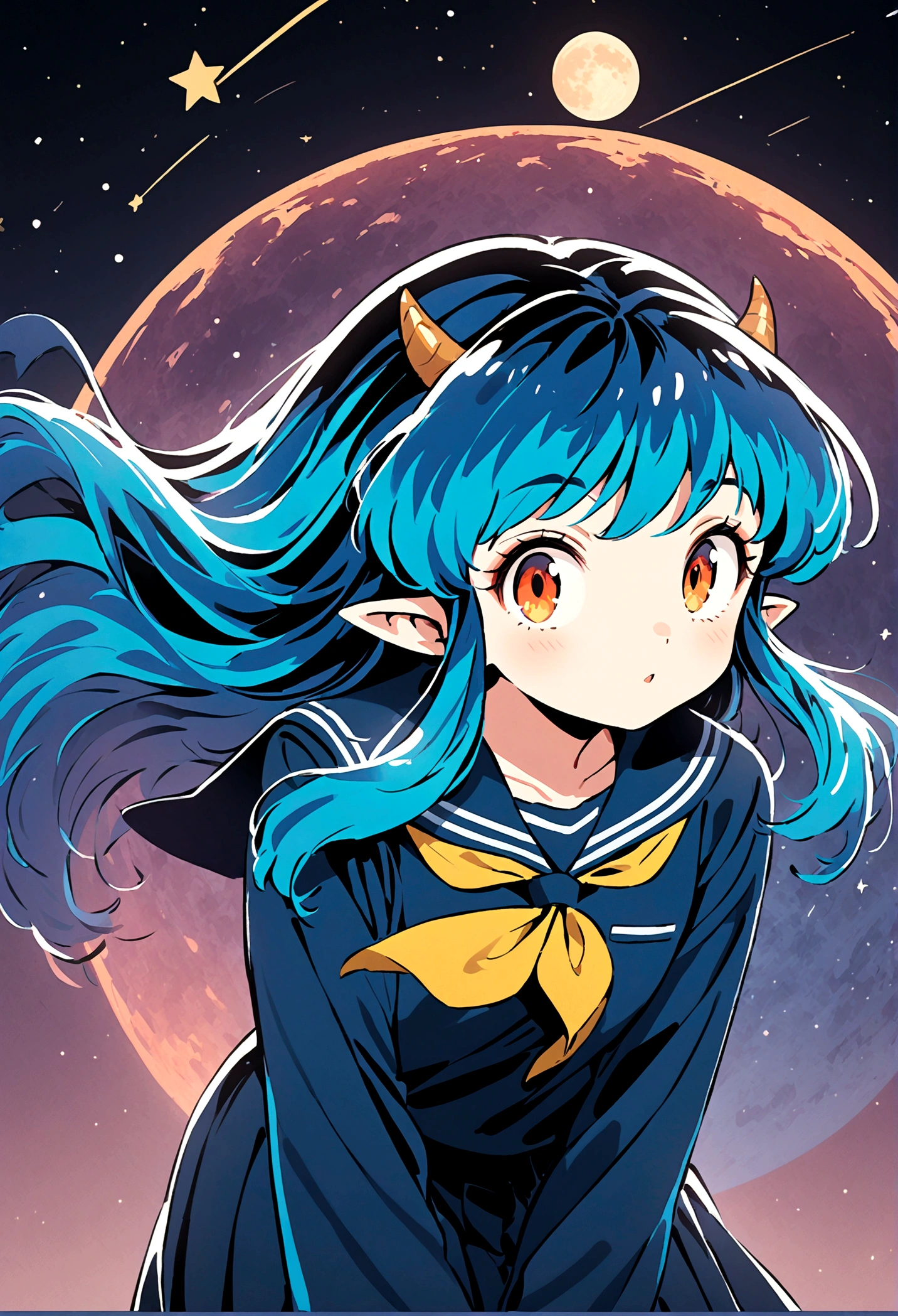 takahashi rumiko style,(1 girl,Lum,long hair,bangs,blue hair,orange eyes,horns,pointy ears,aqua hair,oni horns,(eyeshadow),(shirt,long sleeves,sailor suit,sailor collar,neckerchief,yellow neckerchief,blue shirt,blue sailor collar,blue skirt),the character Lum from "Urusei Yatsura",Bright and cheerful atmosphere,Background elements such as space or a starry sky,(masterpiece:1.3),(highest quality:1.4),(ultra detailed:1.5),High resolution,extremely detailed,unity 8k wallpaper,BREAK,Create a POP illustration style background,Outer space with the moon and stars floating in it,rich colors,colorful,shooting star,draw with thick lines,Sparkling,vector art,(masterpiece:1.3),(highest quality:1.4),(ultra detailed:1.5),High resolution,extremely detailed,unity 8k wallpaper