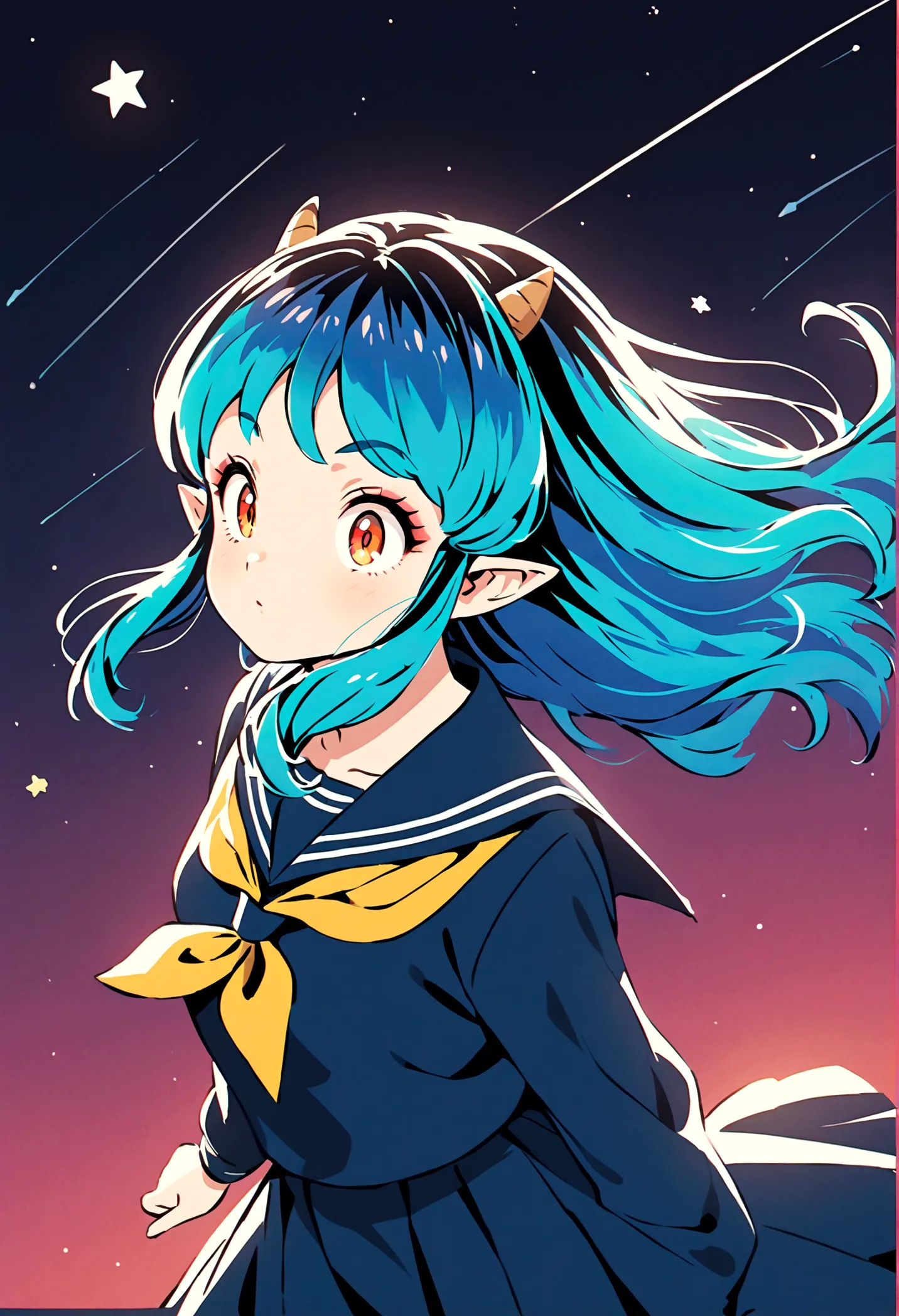 takahashi rumiko style,(1 girl,lum,long hair,bangs,blue hair,orange eyes,horns,pointy ears,aqua hair,oni horns,(eyeshadow),(shir...