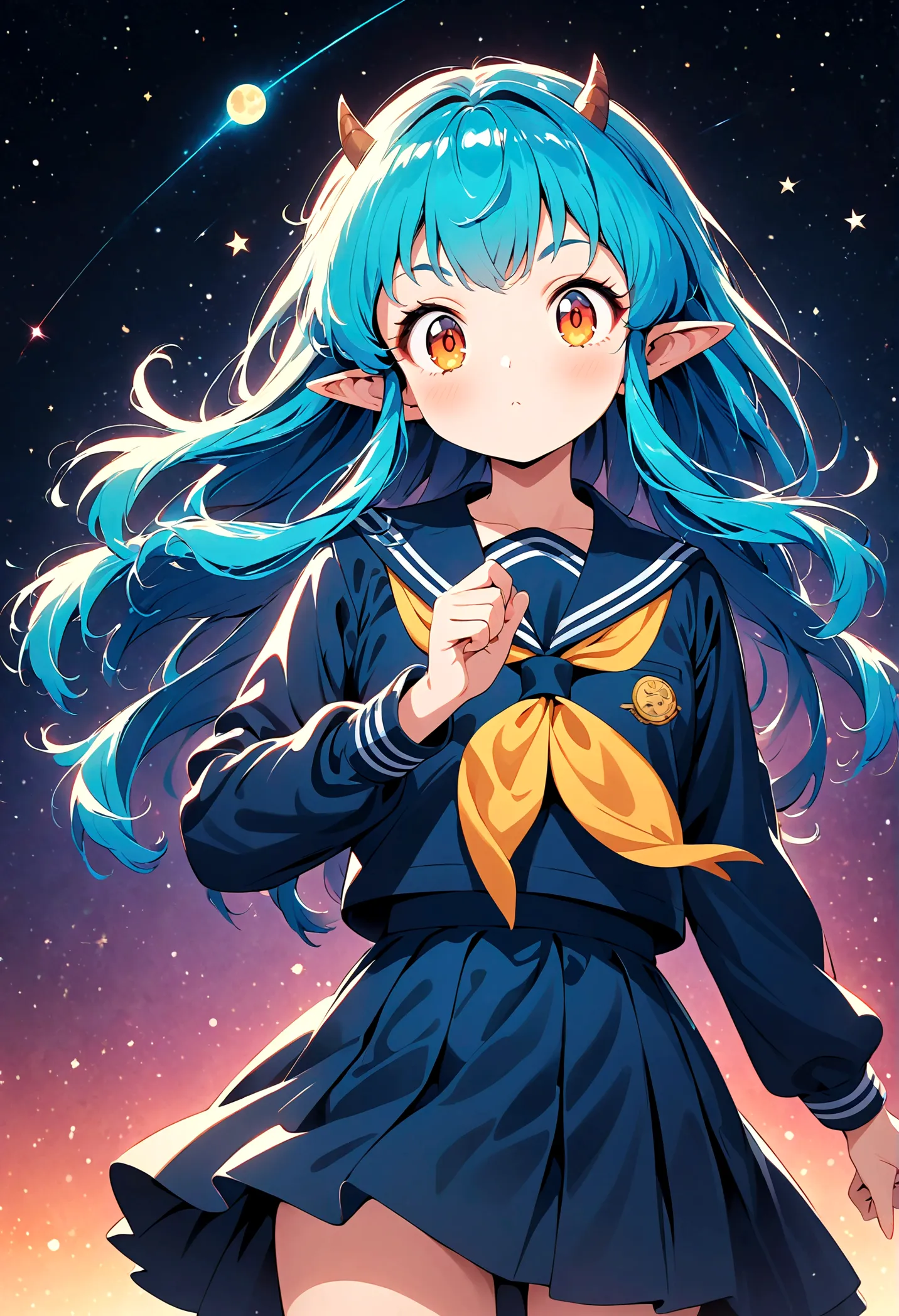 takahashi rumiko style,(1 girl,lum,long hair,bangs,blue hair,orange eyes,horns,pointy ears,aqua hair,oni horns,(eyeshadow),(shir...