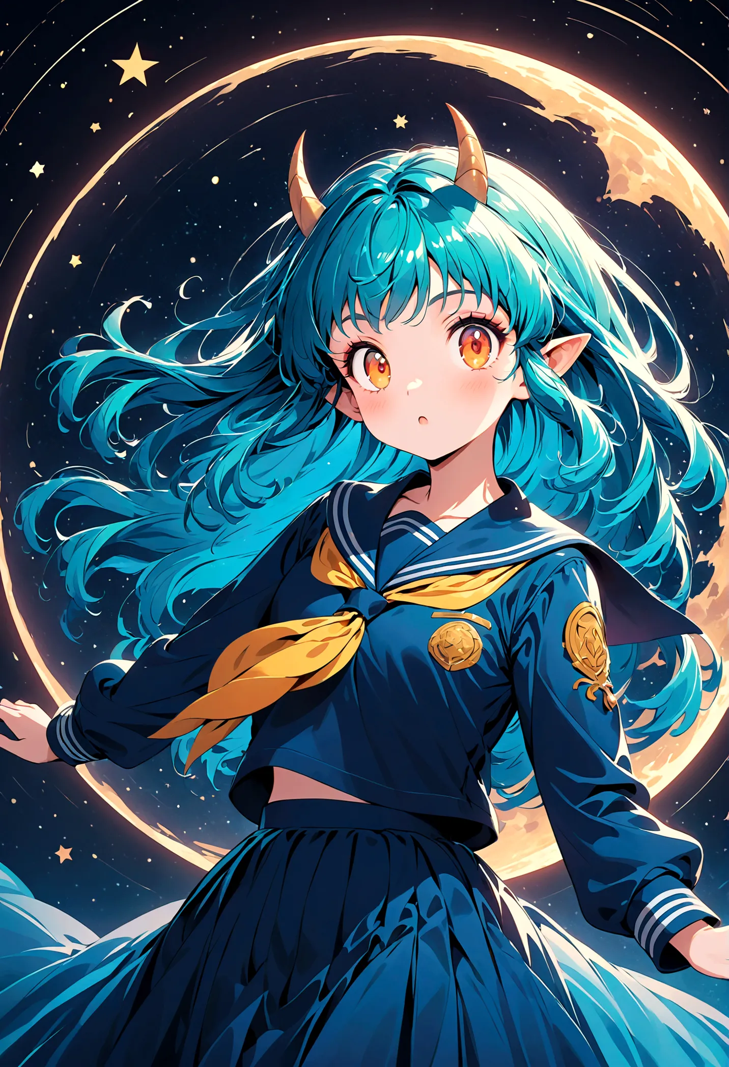 takahashi rumiko style,(1 girl,lum,long hair,bangs,blue hair,orange eyes,horns,pointy ears,aqua hair,oni horns,(eyeshadow),(shir...