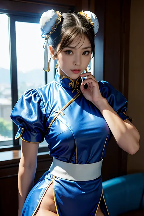 《Street Fight II》Chun-Li,Perfect Chun-Li Costume,Blue and gold thread cheongsam,Bun head,Good cover,Fighting Stance,ハイKick,Kick、...