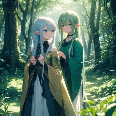 (8k, super details, award winning, high res), anime illustration, two elf girls. One with (long silver hair, green eyes). The ot...