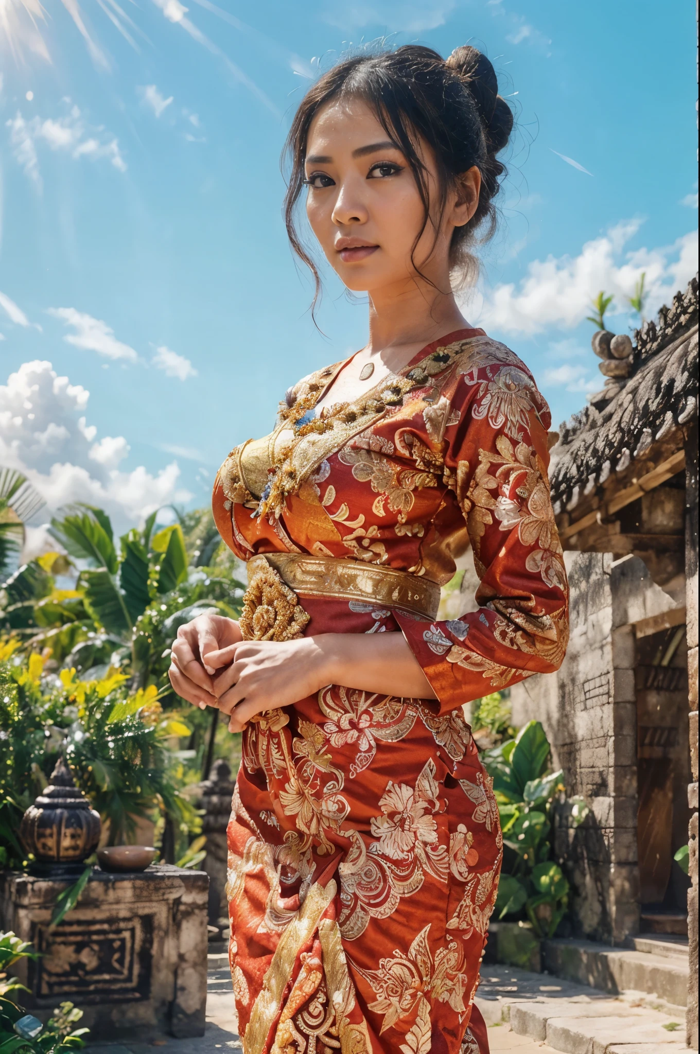 A close up portrait of a (javanese girl:1.3), (beautiful, detailed, mesmerizing) eyes, (beautiful, detailed, sensual) lips, (expressive:1.1), (black hair, bun hair style)l, (flawless, sun-kissed) skin, innocent expression, [javanese, traditional, cultural] attire, (golden red, batik) kebaya, [playfully, graceful, energetic] poses, (joyful:1.1), (slender, busty) posture

[bustling, lively, peaceful, serene] (javanese-style) [garden, park], [lush, green, fertile, tropical] landscape, (beautiful, scenic, natural) elements, photon mapping, (rustic, traditional) [Joglo, pendopo] architecture, [ornate, traditional, Javanese] lanterns, [intricate, detailed] carvings, [colorful, vibrant] floral decorations

(best quality, 4k, 8k, highres, masterpiece:1.2), ultra-detailed, (realistic, photorealistic, photo-realistic:1.37), [HDR, UHD], [studio lighting, beautifully, illuminated], (vivid, natural) colors, (harmonious, radiant) color palette, [subtle, warm, earthy] tones, [sunlit, soft] illuminations