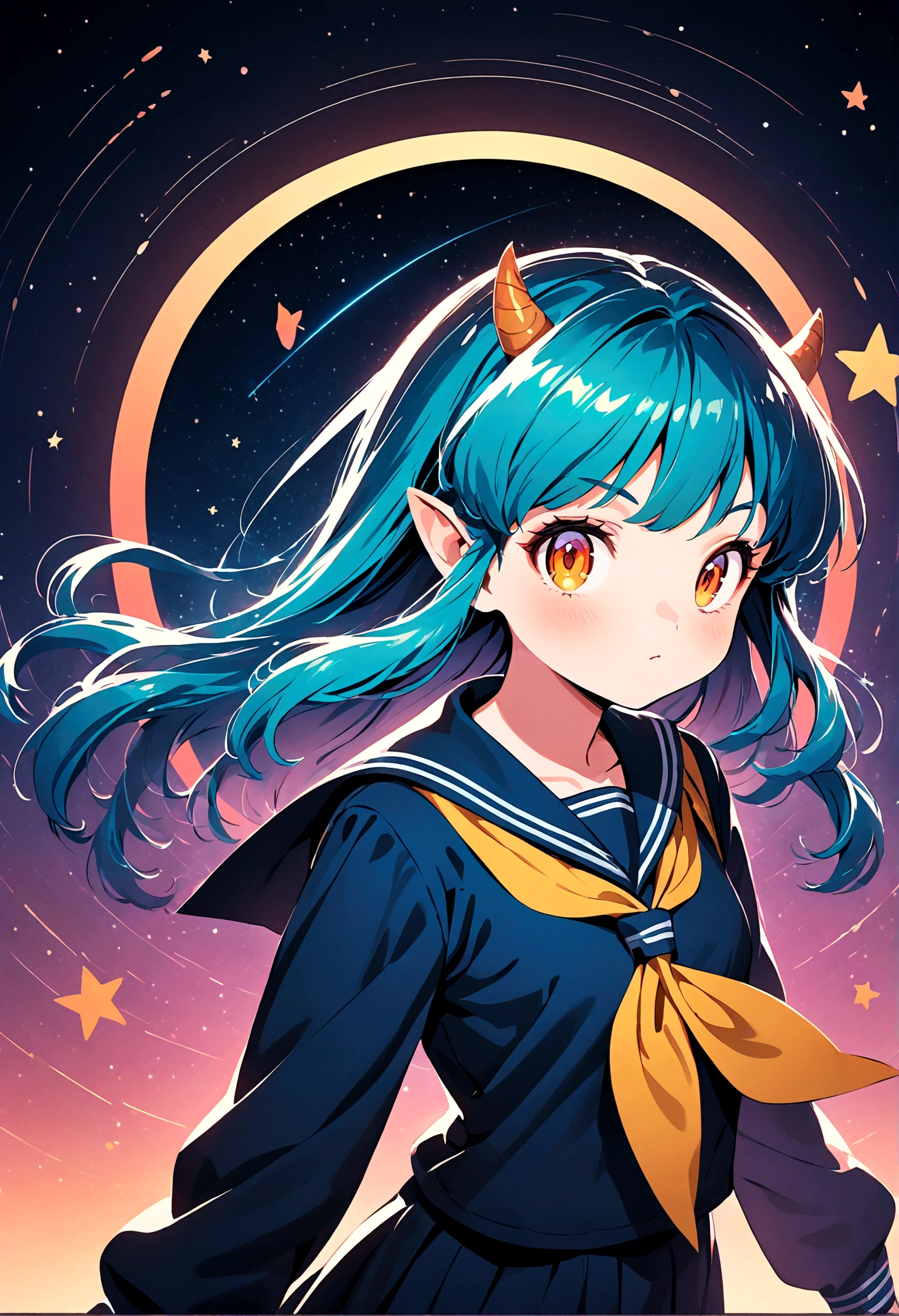 takahashi rumiko style,(1 girl,Lum,long hair,bangs,blue hair,orange eyes,horns,pointy ears,aqua hair,oni horns,(eyeshadow),(shirt,long sleeves,sailor suit,sailor collar,neckerchief,yellow neckerchief,blue shirt,blue sailor collar,blue skirt),the character Lum from "Urusei Yatsura",Bright and cheerful atmosphere,Background elements such as space or a starry sky,(masterpiece:1.3),(highest quality:1.4),(ultra detailed:1.5),High resolution,extremely detailed,unity 8k wallpaper,BREAK,Create a POP illustration style background,Outer space with the moon and stars floating in it,rich colors,colorful,shooting star,draw with thick lines,Sparkling,vector art,(masterpiece:1.3),(highest quality:1.4),(ultra detailed:1.5),High resolution,extremely detailed,unity 8k wallpaper