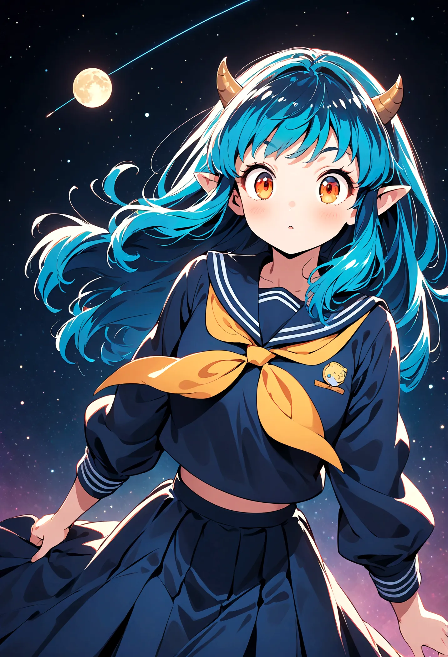 takahashi rumiko style,(1 girl,Lum,long hair,bangs,blue hair,orange eyes,horns,pointy ears,aqua hair,oni horns,(eyeshadow),(shir...