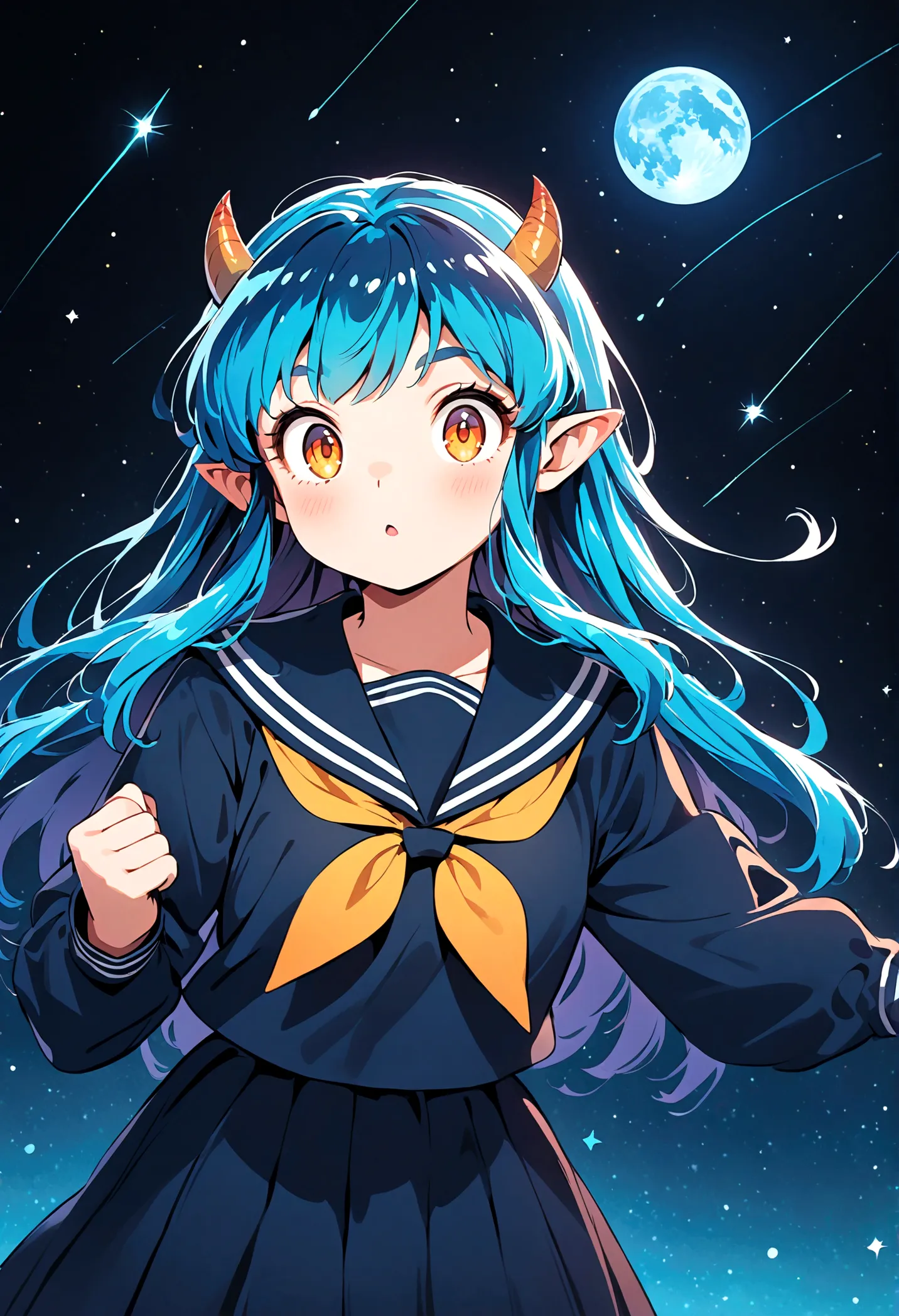 takahashi rumiko style,(1 girl,Lum,long hair,bangs,blue hair,orange eyes,horns,pointy ears,aqua hair,oni horns,(eyeshadow),(shir...