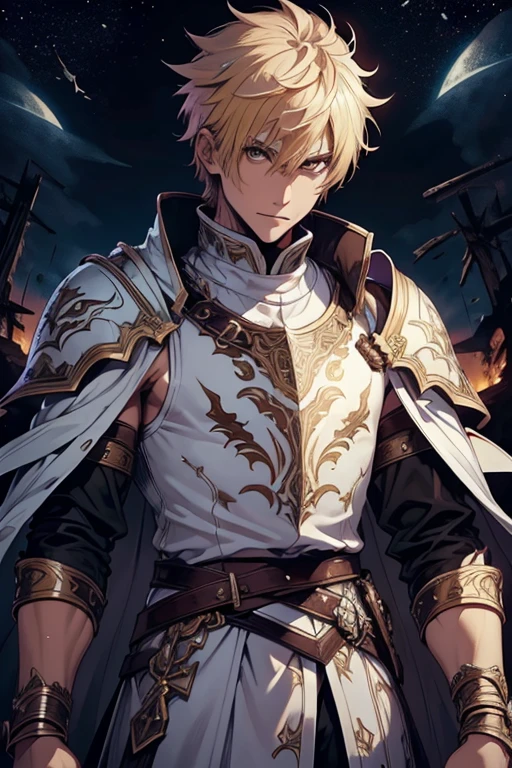 white man, blond hair, brown eyes, short hair, with white clothes, on top of the white clothes he wears armor decorated in black, on both arms he has bracelets decorated in black, he wears a white cape, the cape has a drawing of a dragon in the middle in black, on the edges of the cover there is a black outline, the cover covers both shoulders, scenery and the night sky with stars.