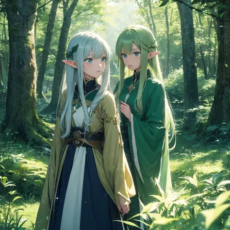 (8k, super details, award winning, high res), anime illustration, two elf girls. One with (long silver hair, green eyes). The ot...