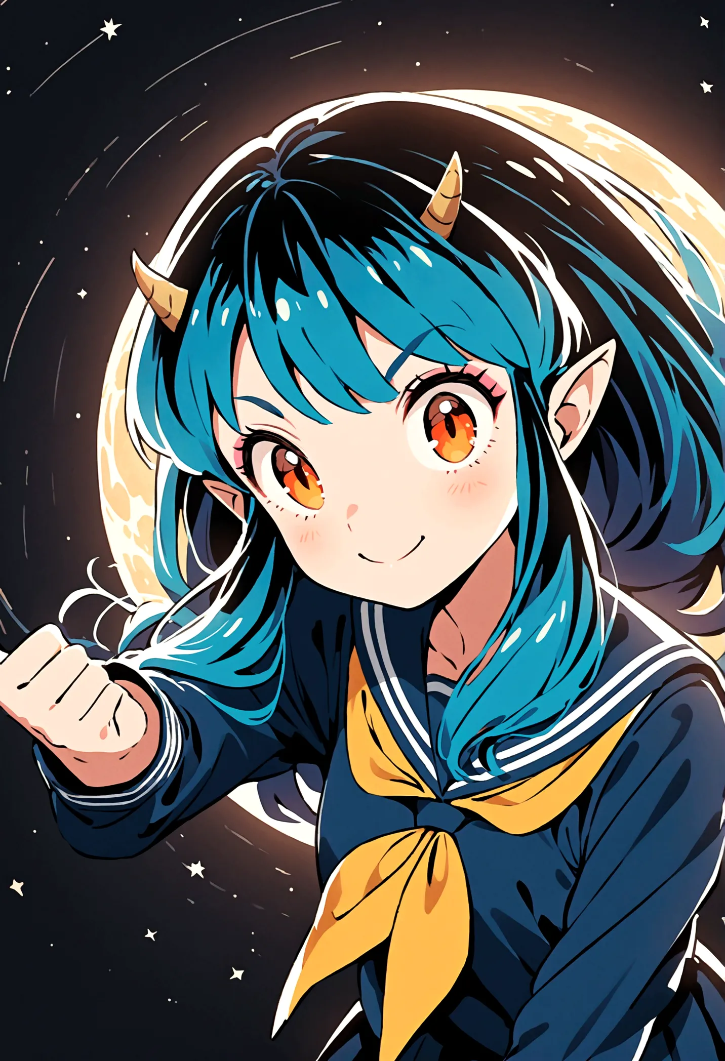 takahashi rumiko style,(1 girl,Lum,long hair,bangs,blue hair,orange eyes,horns,pointy ears,aqua hair,oni horns,(eyeshadow),(shir...