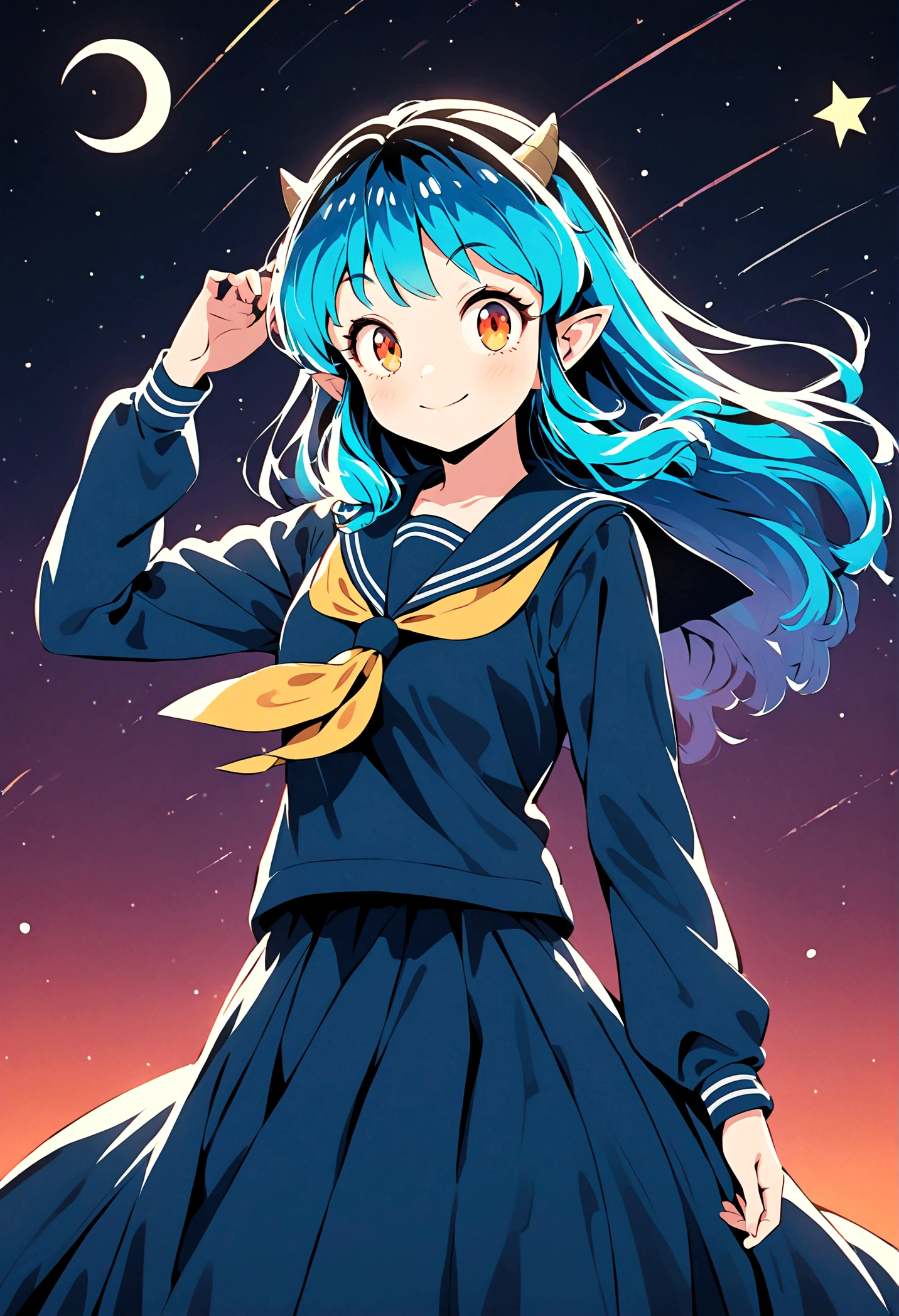 takahashi rumiko style,(1 girl,Lum,long hair,bangs,blue hair,orange eyes,horns,pointy ears,aqua hair,oni horns,(eyeshadow),(shirt,long sleeves,sailor suit,sailor collar,neckerchief,yellow neckerchief,blue shirt,blue sailor collar,blue skirt),the character Lum from "Urusei Yatsura",Do cute girly poses,A sluggish smile,Bright and cheerful atmosphere,Background elements such as space or a starry sky,(masterpiece:1.3),(highest quality:1.4),(ultra detailed:1.5),High resolution,extremely detailed,unity 8k wallpaper,BREAK,(Creates a POP illustration style background,Outer space with the moon and stars floating in it,rich colors,colorful,shooting star,draw with thick lines,Sparkling,unbelievably absurd,zentangle elements,vector art),beautiful light and shadow,(masterpiece:1.3),(highest quality:1.4),(ultra detailed:1.5),High resolution,extremely detailed,unity 8k wallpaper