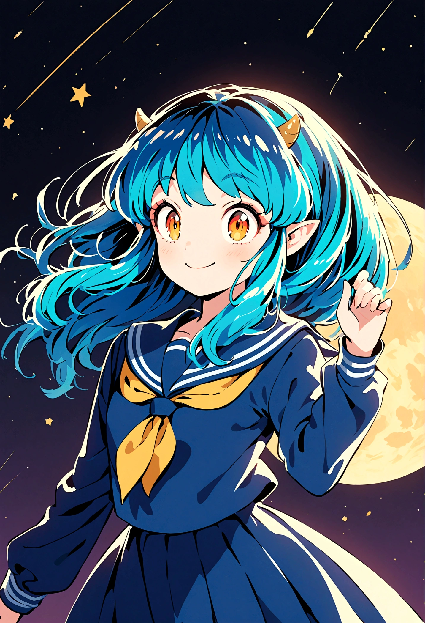 takahashi rumiko style,(1 girl,Lum,long hair,bangs,blue hair,orange eyes,horns,pointy ears,aqua hair,oni horns,(eyeshadow),(shirt,long sleeves,sailor suit,sailor collar,neckerchief,yellow neckerchief,blue shirt,blue sailor collar,blue skirt),the character Lum from "Urusei Yatsura",Do cute girly poses,A sluggish smile,Bright and cheerful atmosphere,Background elements such as space or a starry sky,(masterpiece:1.3),(highest quality:1.4),(ultra detailed:1.5),High resolution,extremely detailed,unity 8k wallpaper,BREAK,(Creates a POP illustration style background,Outer space with the moon and stars floating in it,rich colors,colorful,shooting star,draw with thick lines,Sparkling,unbelievably absurd,zentangle elements,vector art),beautiful light and shadow,(masterpiece:1.3),(highest quality:1.4),(ultra detailed:1.5),High resolution,extremely detailed,unity 8k wallpaper