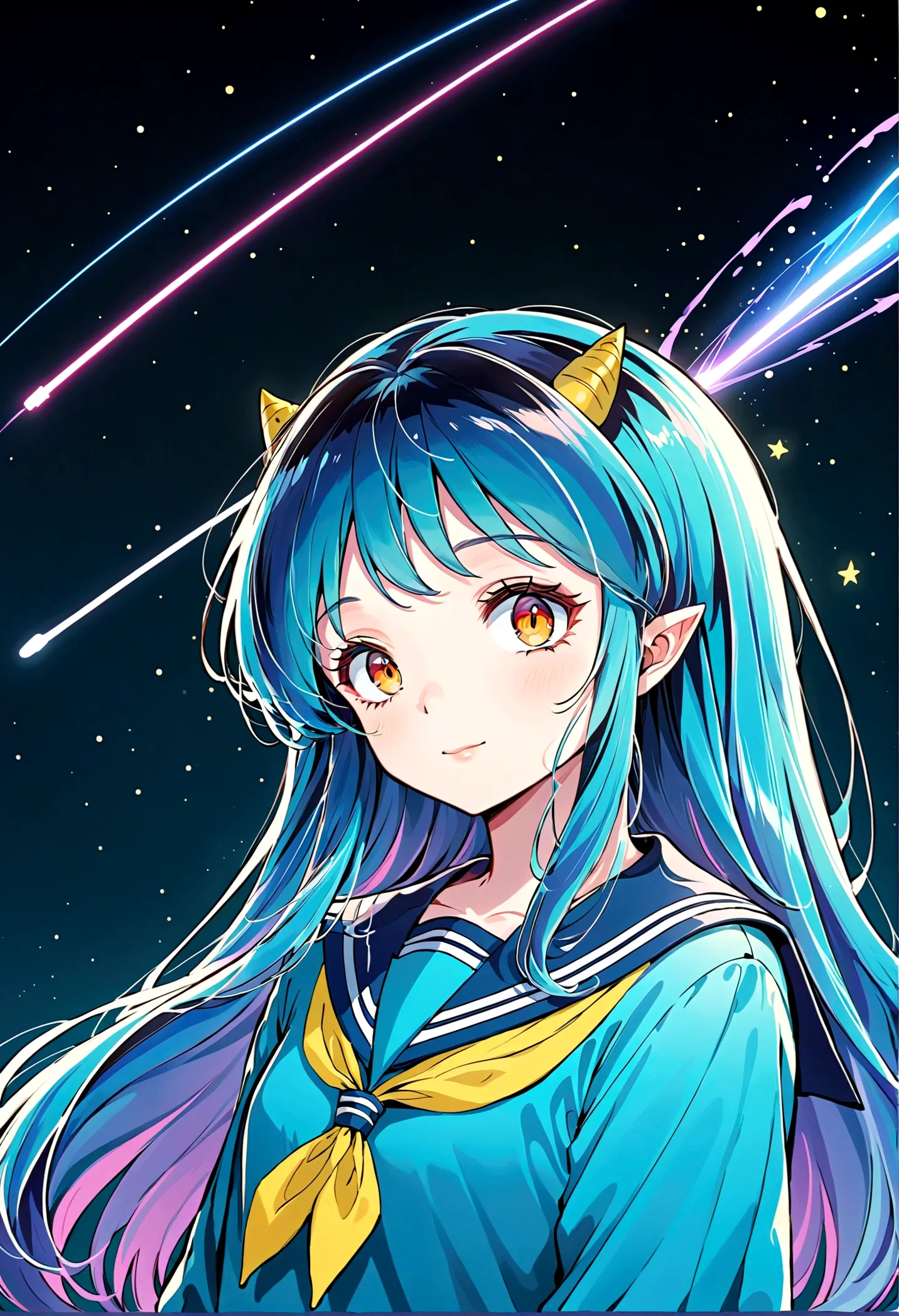 takahashi rumiko style,(1 girl,Lum,long hair,bangs,blue hair,orange eyes,horns,pointy ears,aqua hair,oni horns,(eyeshadow),(shir...