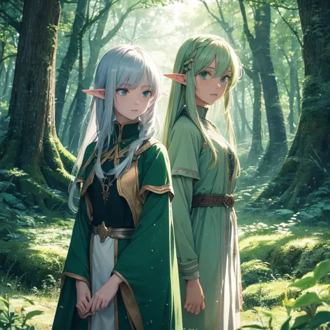 (8k, super details, award winning, high res), anime illustration, two elf girls. One with (long silver hair, green eyes). The ot...