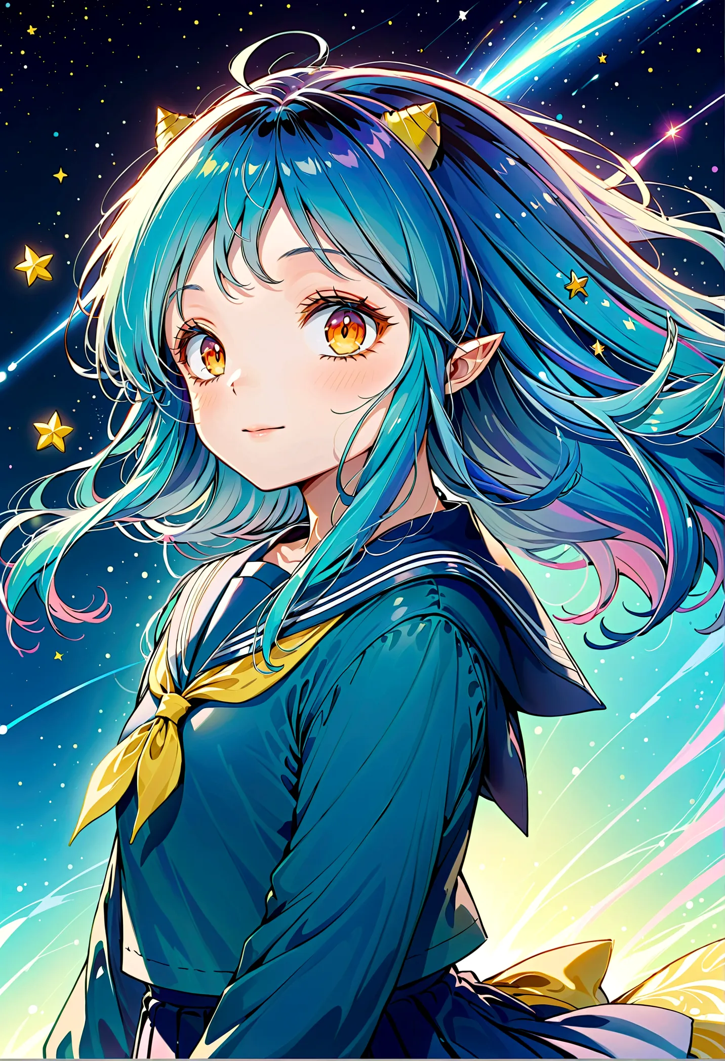 takahashi rumiko style,(1 girl,Lum,long hair,bangs,blue hair,orange eyes,horns,pointy ears,aqua hair,oni horns,(eyeshadow),(shir...