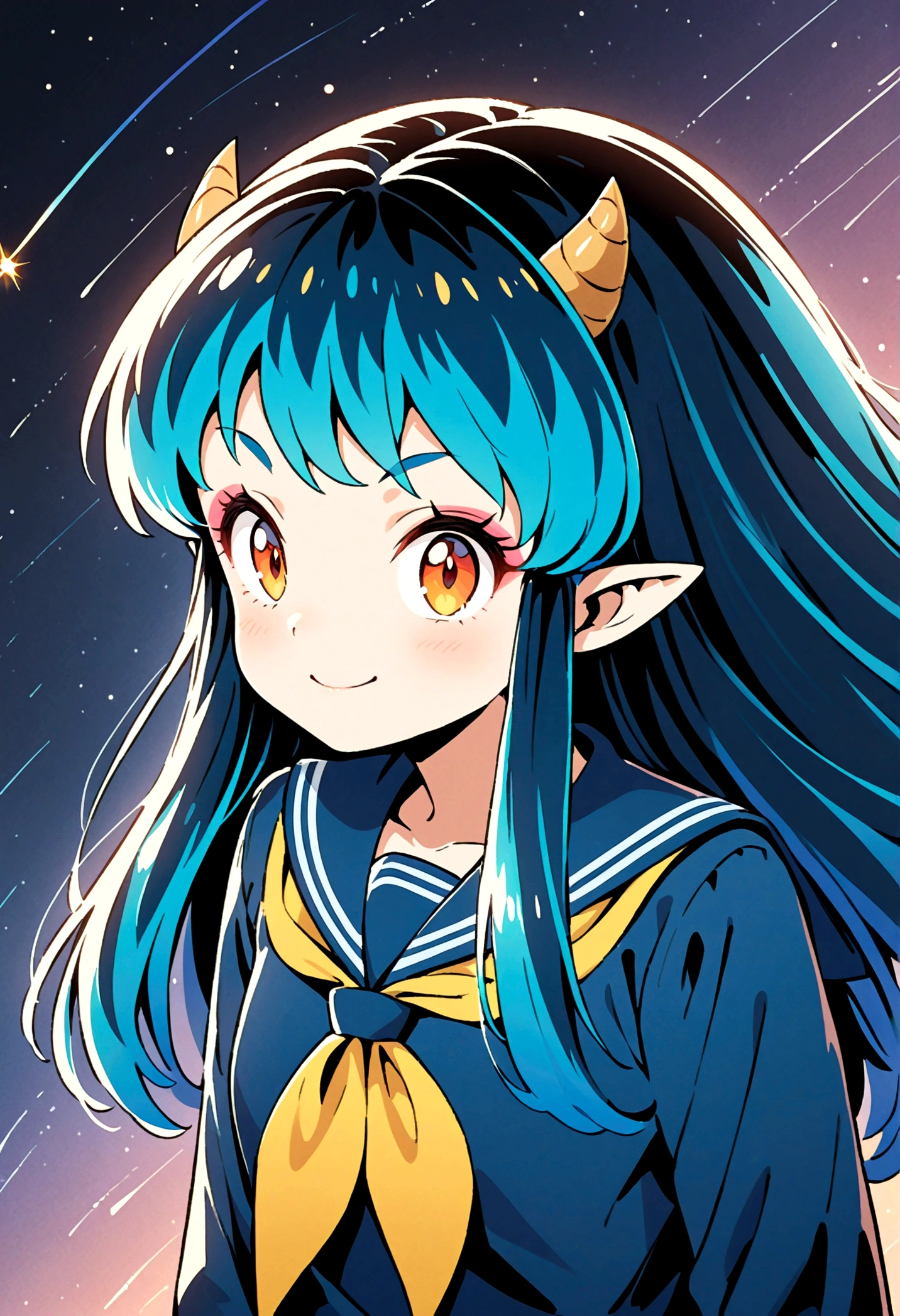 takahashi rumiko style,(1 girl,Lum,long hair,bangs,blue hair,orange eyes,horns,pointy ears,aqua hair,oni horns,(eyeshadow),(shirt,long sleeves,sailor suit,sailor collar,neckerchief,yellow neckerchief,blue shirt,blue sailor collar,blue skirt),the character Lum from "Urusei Yatsura",Do cute girly poses,A sluggish smile,Bright and cheerful atmosphere,Background elements such as space or a starry sky,BREAK,(Creates a POP illustration style background,Outer space with the moon and stars floating in it,rich colors,colorful,shooting star,draw with thick lines,Sparkling,unbelievably absurd,zentangle elements,vector art),beautiful light and shadow,BREAK,(masterpiece:1.3),(highest quality:1.4),(ultra detailed:1.5),High resolution,extremely detailed,unity 8k wallpaper