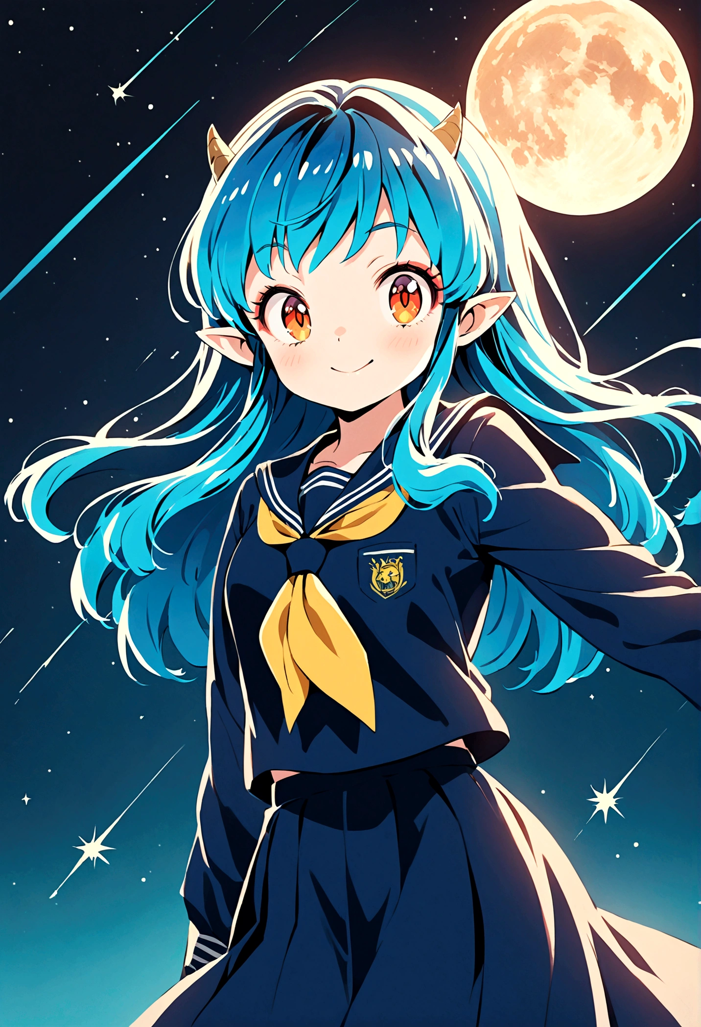 takahashi rumiko style,(1 girl,Lum,long hair,bangs,blue hair,orange eyes,horns,pointy ears,aqua hair,oni horns,(eyeshadow),(shirt,long sleeves,sailor suit,sailor collar,neckerchief,yellow neckerchief,blue shirt,blue sailor collar,blue skirt),the character Lum from "Urusei Yatsura",Do cute girly poses,smile,Bright and cheerful atmosphere,Background elements such as space or a starry sky,BREAK,(Creates a POP illustration style background,Outer space with the moon and stars floating in it,rich colors,colorful,shooting star,draw with thick lines,Sparkling,unbelievably absurd,zentangle elements,vector art),beautiful light and shadow,BREAK,(masterpiece:1.3),(highest quality:1.4),(ultra detailed:1.5),High resolution,extremely detailed,unity 8k wallpaper