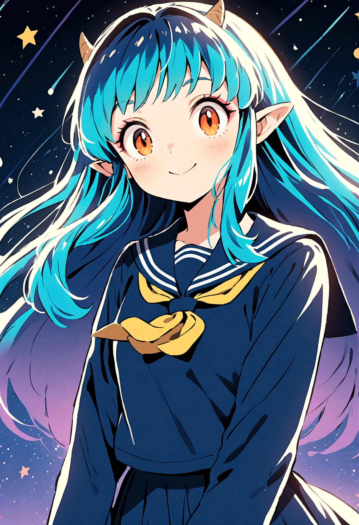 takahashi rumiko style,(1 girl,Lum,long hair,bangs,blue hair,orange eyes,horns,pointy ears,aqua hair,oni horns,(eyeshadow),(shirt,long sleeves,sailor suit,sailor collar,neckerchief,yellow neckerchief,blue shirt,blue sailor collar,blue skirt),the character Lum from "Urusei Yatsura",Do cute girly poses,smile,Bright and cheerful atmosphere,Background elements such as space or a starry sky,BREAK,(Creates a POP illustration style background,Outer space with the moon and stars floating in it,rich colors,colorful,shooting star,draw with thick lines,Sparkling,unbelievably absurd,zentangle elements,vector art),beautiful light and shadow,BREAK,(masterpiece:1.3),(highest quality:1.4),(ultra detailed:1.5),High resolution,extremely detailed,unity 8k wallpaper