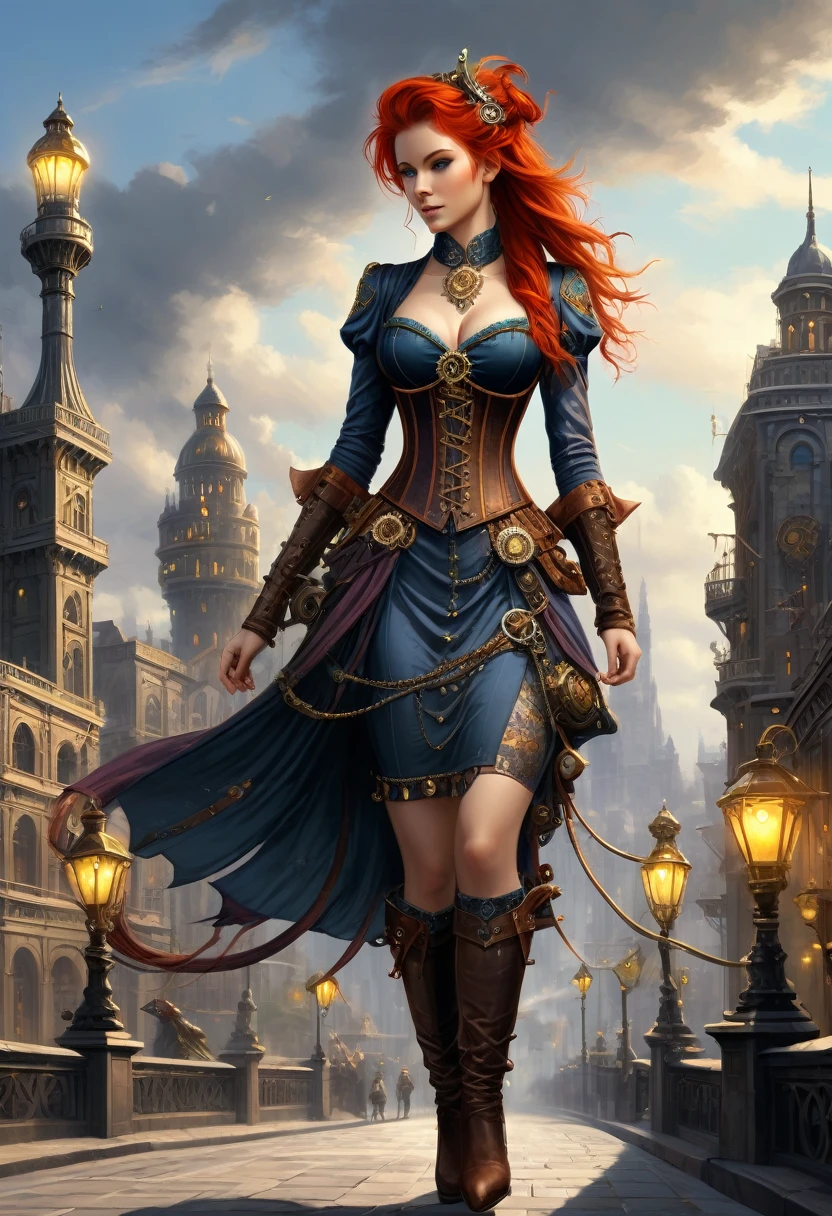 A fantasy illustration capturing a lanky, red-haired girl sporting a colorful steampunk Victorian corseted dress as she walks her iguana in a city of dull grey, a chubby rat perched on her shoulder, striking a balance between awkward charm and graceful mess, channeling the styles of Luis Royo and Artgerm, her sharp features and wide-set eyes under soft but vibrant light, amidst whimsical ink sw