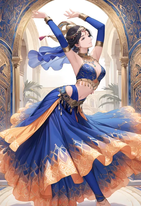 A Middle Eastern dancer in traditional attire performing a dance. She is wearing a vibrant, flowing dress with intricate pattern...