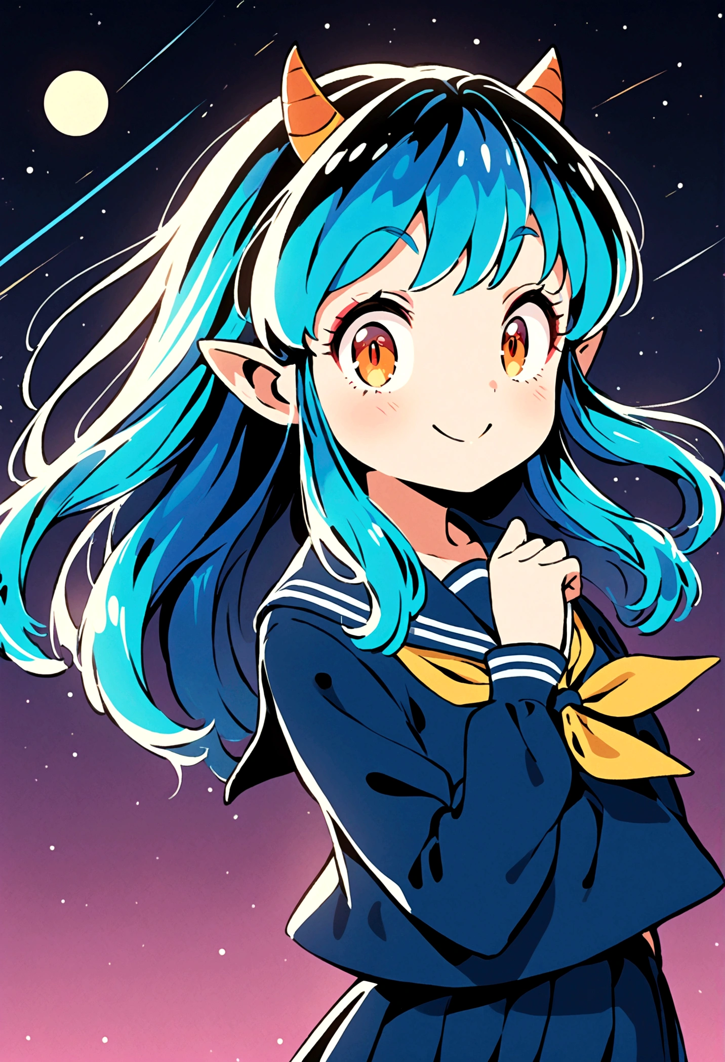 takahashi rumiko style,(1 girl,Lum,long hair,bangs,blue hair,orange eyes,horns,pointy ears,aqua hair,oni horns,(eyeshadow),(shirt,long sleeves,sailor suit,sailor collar,neckerchief,yellow neckerchief,blue shirt,blue sailor collar,blue skirt),the character Lum from "Urusei Yatsura",Do cute girly poses,bright smile,fine,Bright and cheerful atmosphere,Background elements such as space or a starry sky,BREAK,(Creates a POP illustration style background,Outer space with the moon and stars floating in it,rich colors,colorful,shooting star,draw with thick lines,Sparkling,unbelievably absurd,zentangle elements,vector art),beautiful light and shadow,BREAK,(masterpiece:1.3),(highest quality:1.4),(ultra detailed:1.5),High resolution,extremely detailed,unity 8k wallpaper