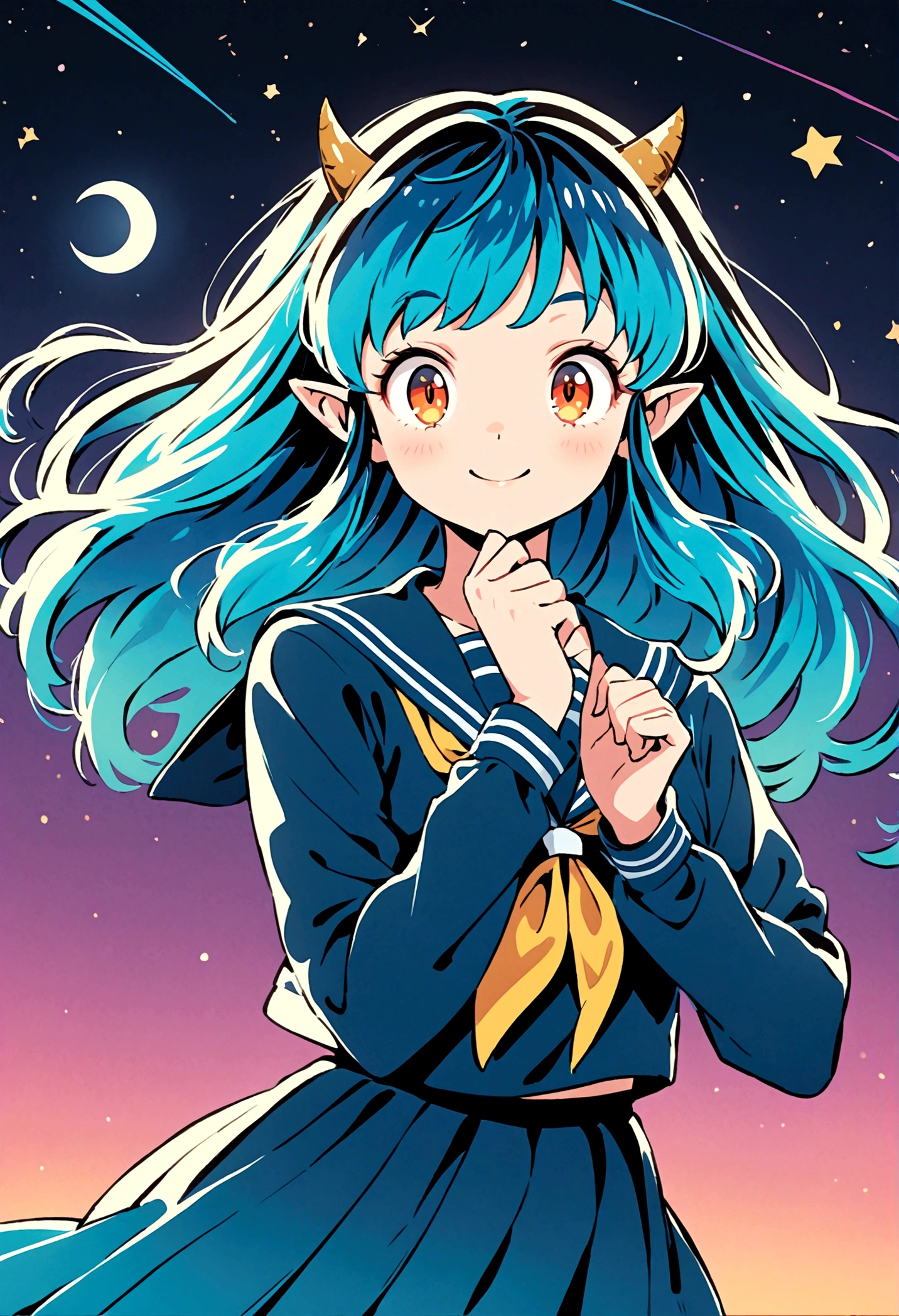 takahashi rumiko style,(1 girl,Lum,long hair,bangs,blue hair,orange eyes,horns,pointy ears,aqua hair,oni horns,(eyeshadow),(shirt,long sleeves,sailor suit,sailor collar,neckerchief,yellow neckerchief,blue shirt,blue sailor collar,blue skirt),the character Lum from "Urusei Yatsura",Do cute girly poses,bright smile,fine,Bright and cheerful atmosphere,Background elements such as space or a starry sky,BREAK,(Creates a POP illustration style background,Outer space with the moon and stars floating in it,rich colors,colorful,shooting star,draw with thick lines,Sparkling,unbelievably absurd,zentangle elements,vector art),beautiful light and shadow,BREAK,(masterpiece:1.3),(highest quality:1.4),(ultra detailed:1.5),High resolution,extremely detailed,unity 8k wallpaper