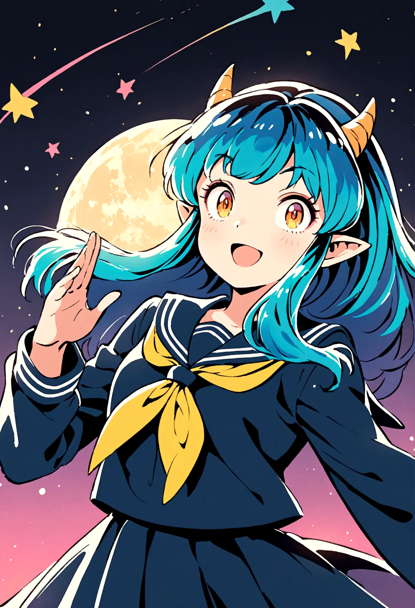 takahashi rumiko style,(1 girl,lum,long hair,bangs,blue hair,orange eyes,horns,pointy ears,aqua hair,oni horns,(eyeshadow),(shir...