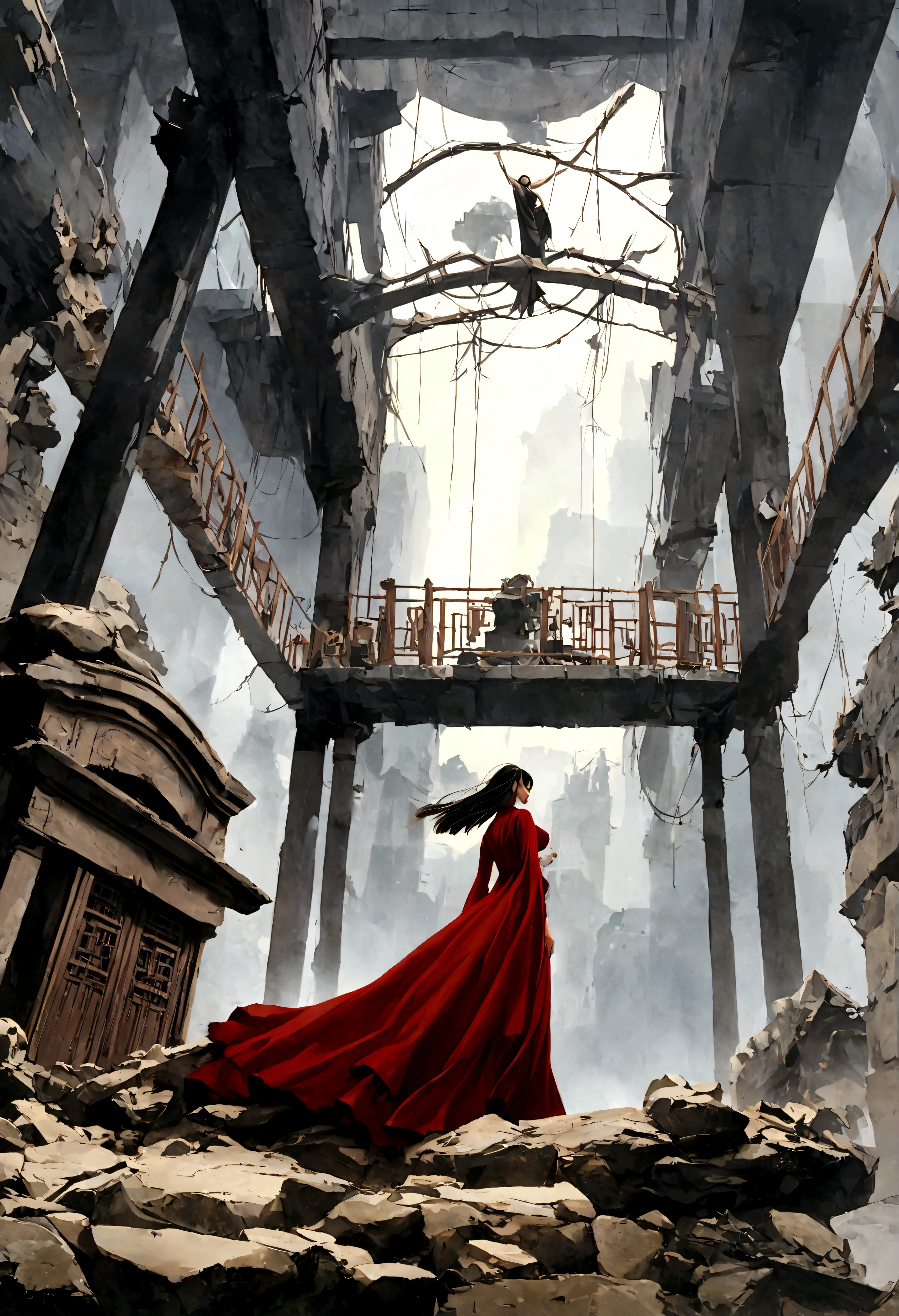 Beautiful girl in red robe, Chinese underground temple, Complex and detailed architecture, floating in the air, weird lights, Spacious and gloomy atmosphere, (best quality,4k,8K,High resolution,masterpiece:1.2),Extremely detailed,(Practical,photoPractical,photo-Practical:1.37),Complex buildings, Gorgeous details, Dramatic Lighting, moody atmosphere, Stunning beauty, flowing red robe, Mysterious ruins, unforgettable existence