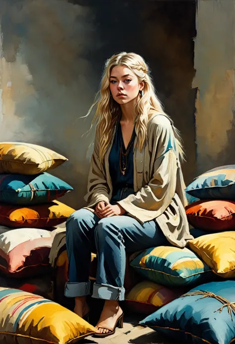 dramatic moody dry-brushed oil painting, woman sitting on a tall pile of colorful boho pillows, prompt by mckay, art by andrew w...