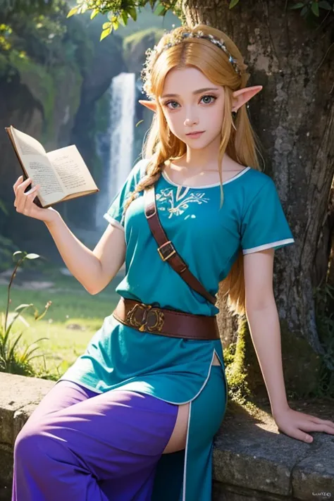 princess zelda, 1 garota, artist request, cinto, cabelo loiro, camisa azul, livro, botas, inexpressivo, corpo todo, olhos verdes...