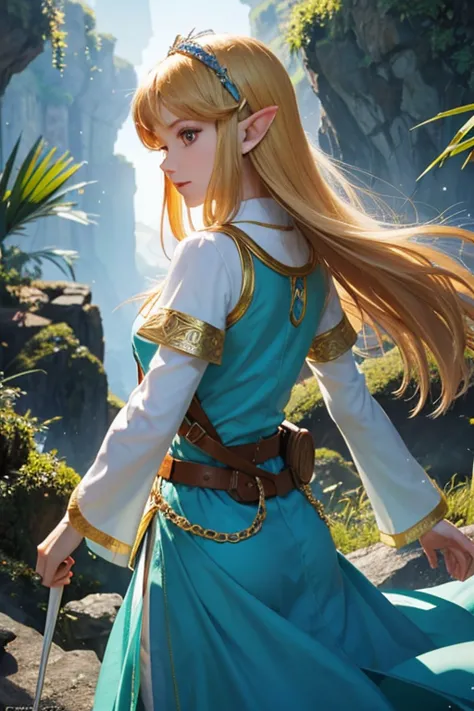 princess zelda, 1 garota, artist request, cinto, cabelo loiro, camisa azul, livro, botas, inexpressivo, corpo todo, olhos verdes...