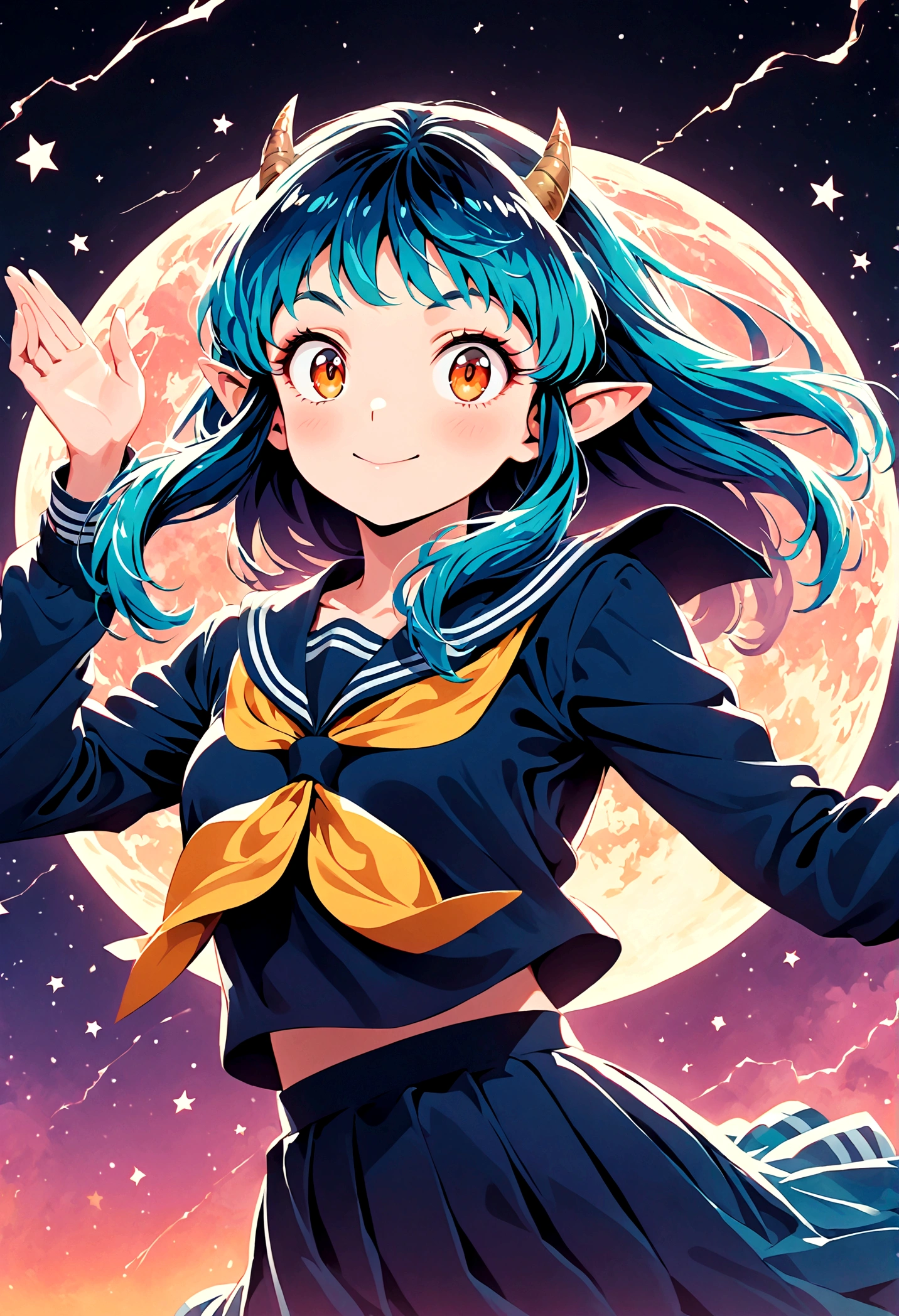 takahashi rumiko style,(1 girl,Lum,long hair,bangs,blue hair,orange eyes,horns,pointy ears,aqua hair,oni horns,(eyeshadow),(shirt,long sleeves,sailor suit,sailor collar,neckerchief,yellow neckerchief,blue shirt,blue sailor collar,blue skirt),the character Lum from "Urusei Yatsura",Do cute girly poses,bright smile,fine,Lum is floating in the air,lightning effect,Bright and cheerful atmosphere,BREAK,(Creates a POP illustration style background,Background elements such as space or a starry sky,Outer space with the moon and stars floating in it,rich colors,colorful,shooting star,draw with thick lines,Sparkling,unbelievably absurd,zentangle elements,vector art),beautiful light and shadow,BREAK,(masterpiece:1.3),(highest quality:1.4),(ultra detailed:1.5),High resolution,extremely detailed,unity 8k wallpaper