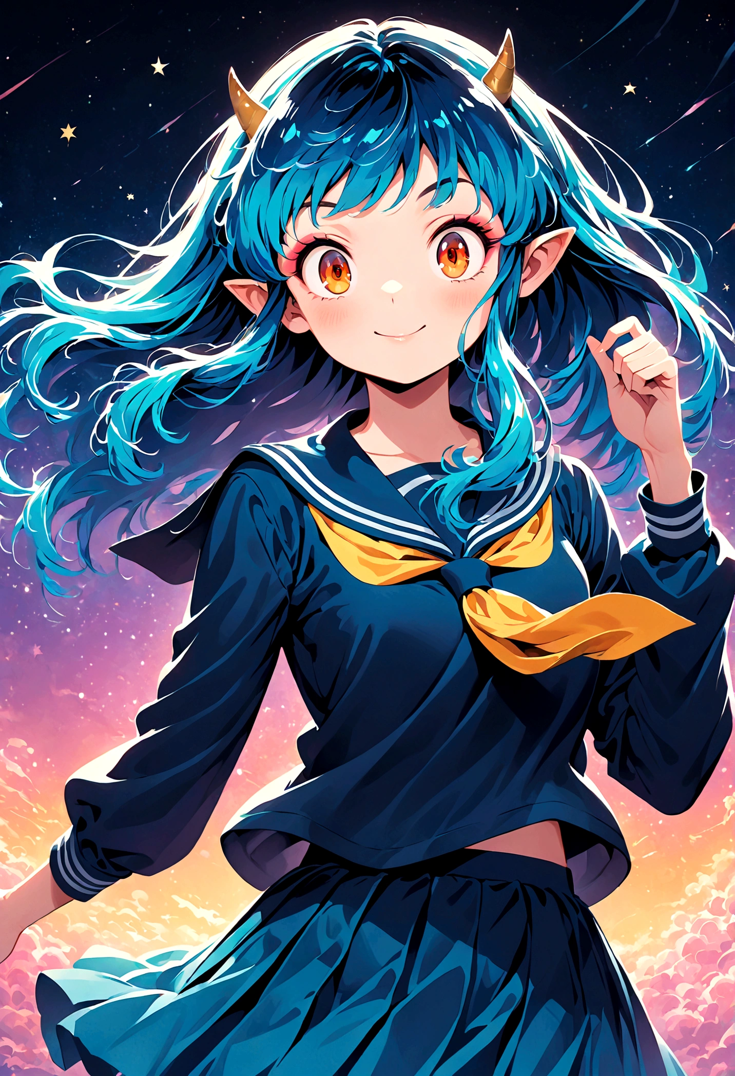 takahashi rumiko style,(1 girl,Lum,long hair,bangs,blue hair,orange eyes,horns,pointy ears,aqua hair,oni horns,(eyeshadow),(shirt,long sleeves,sailor suit,sailor collar,neckerchief,yellow neckerchief,blue shirt,blue sailor collar,blue skirt),the character Lum from "Urusei Yatsura",Do cute girly poses,bright smile,fine,Lum is floating in the air,lightning effect,Bright and cheerful atmosphere,BREAK,(Creates a POP illustration style background,Background elements such as space or a starry sky,Outer space with the moon and stars floating in it,rich colors,colorful,shooting star,draw with thick lines,Sparkling,unbelievably absurd,zentangle elements,vector art),beautiful light and shadow,BREAK,(masterpiece:1.3),(highest quality:1.4),(ultra detailed:1.5),High resolution,extremely detailed,unity 8k wallpaper