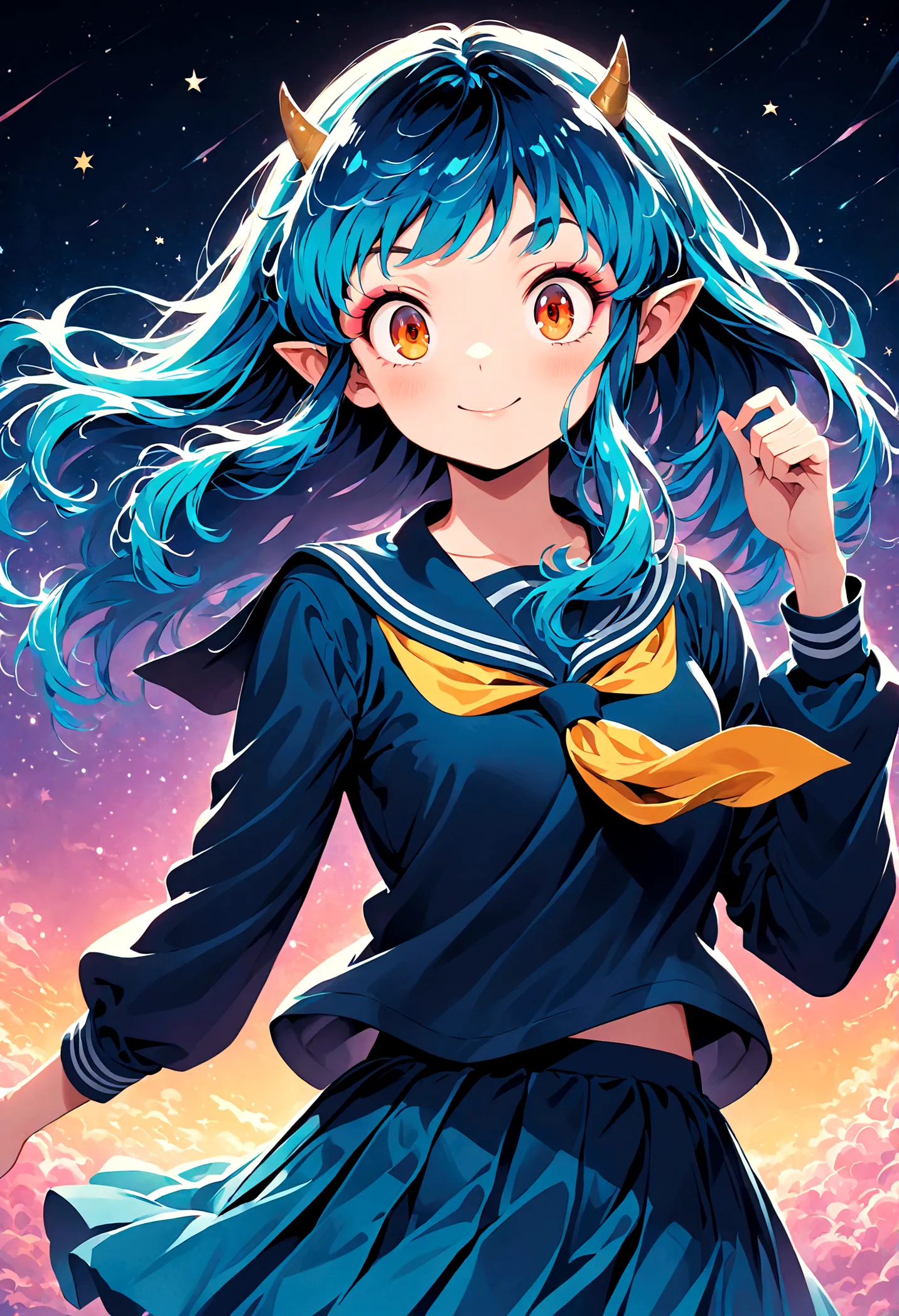 takahashi rumiko style,(1 girl,lum,long hair,bangs,blue hair,orange eyes,horns,pointy ears,aqua hair,oni horns,(eyeshadow),(shir...