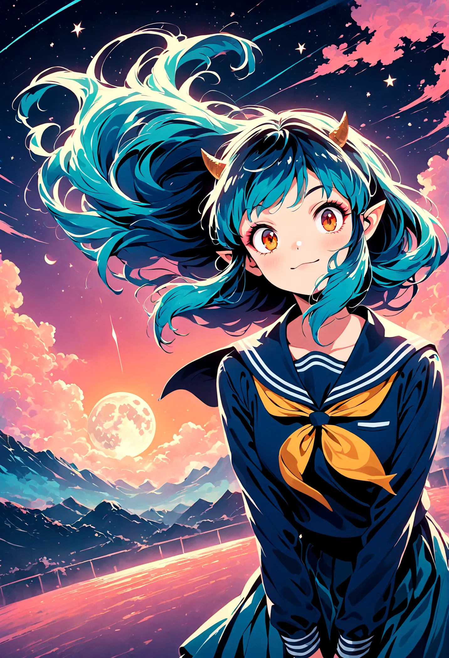 takahashi rumiko style,(1 girl,Lum,long hair,bangs,blue hair,orange eyes,horns,pointy ears,aqua hair,oni horns,(eyeshadow),(shir...