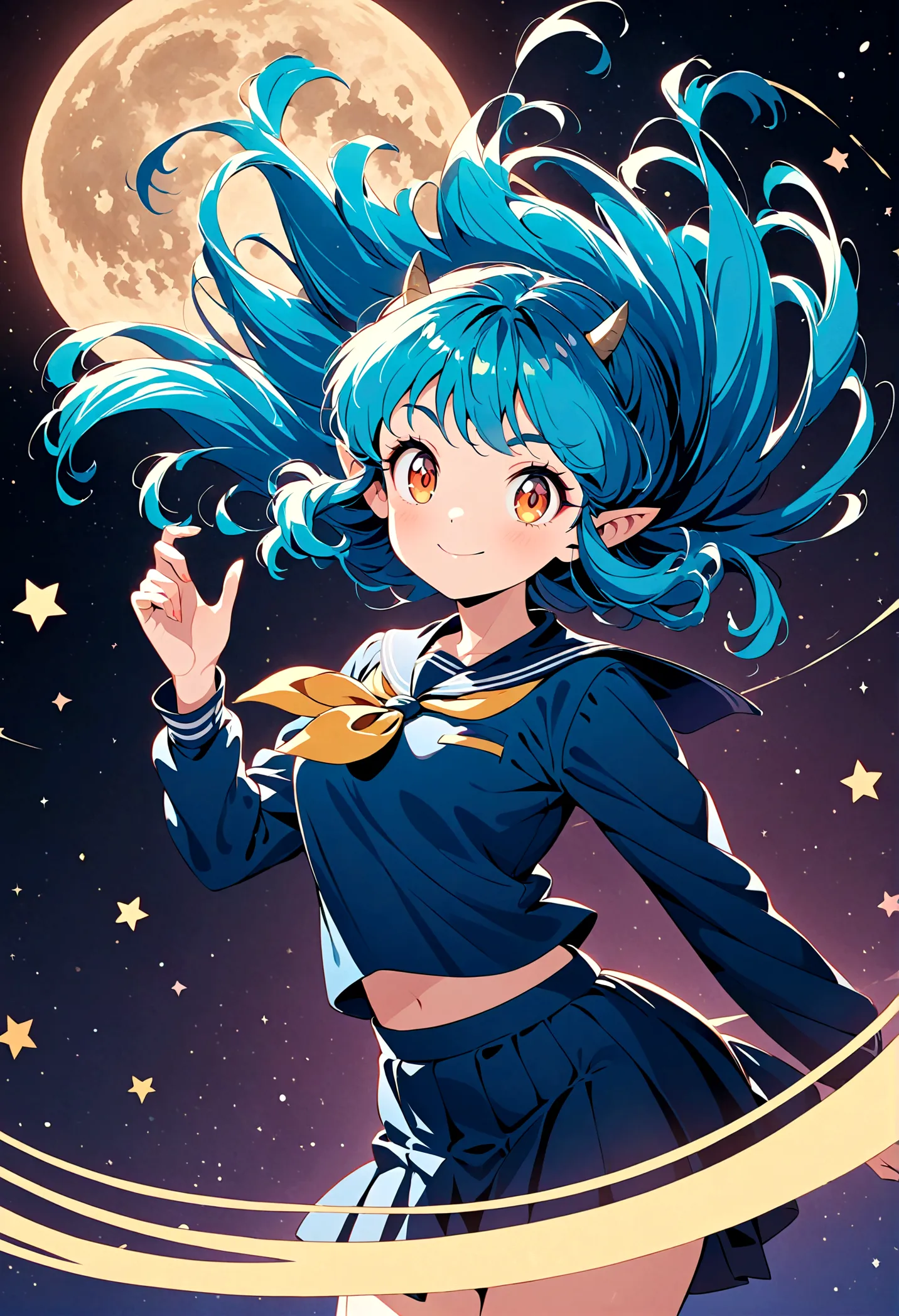 takahashi rumiko style,(1 girl,Lum,long hair,bangs,blue hair,orange eyes,horns,pointy ears,aqua hair,oni horns,(eyeshadow),(shir...