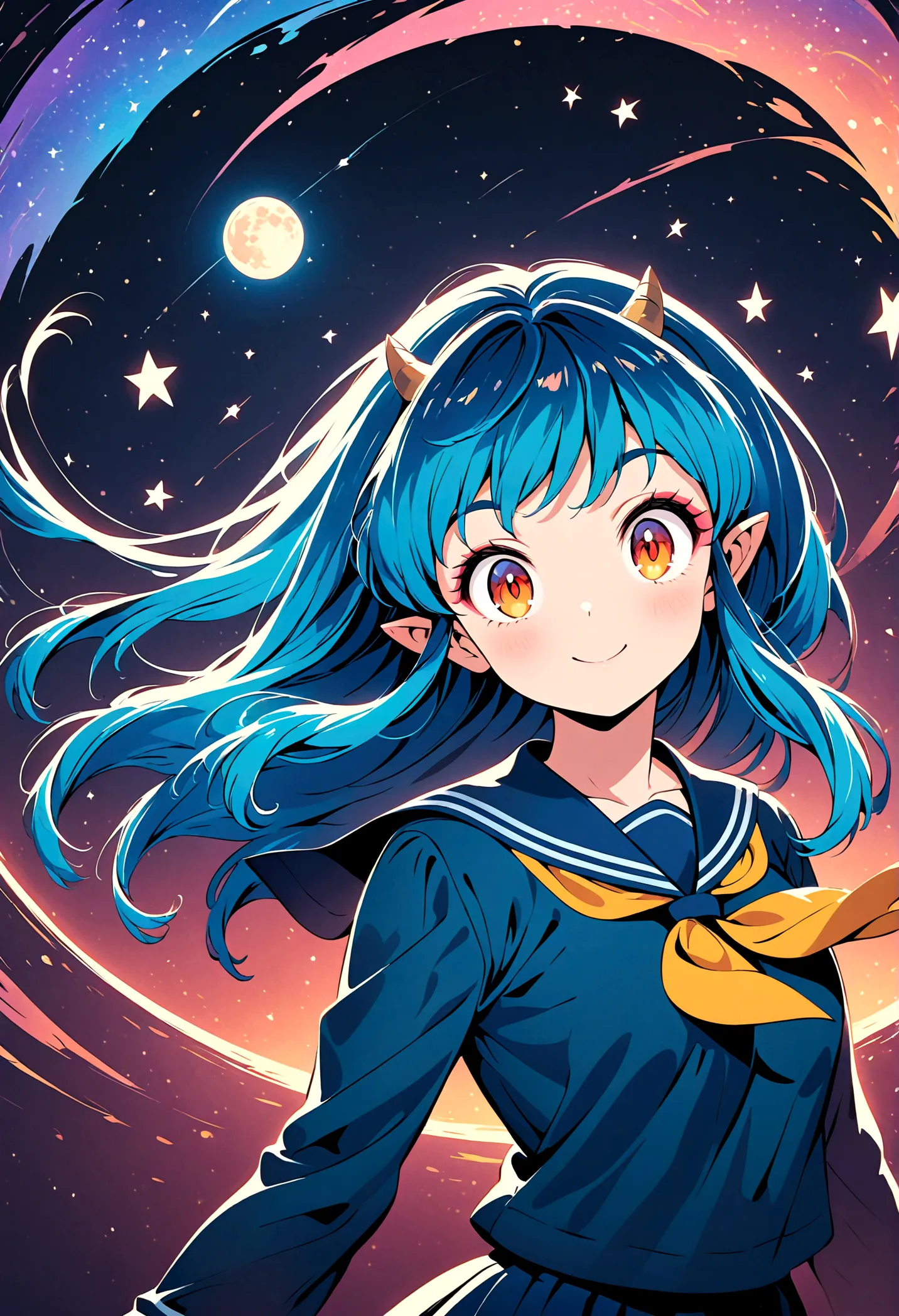 takahashi rumiko style,(1 girl,Lum,long hair,bangs,blue hair,orange eyes,horns,pointy ears,aqua hair,oni horns,(eyeshadow),(shir...