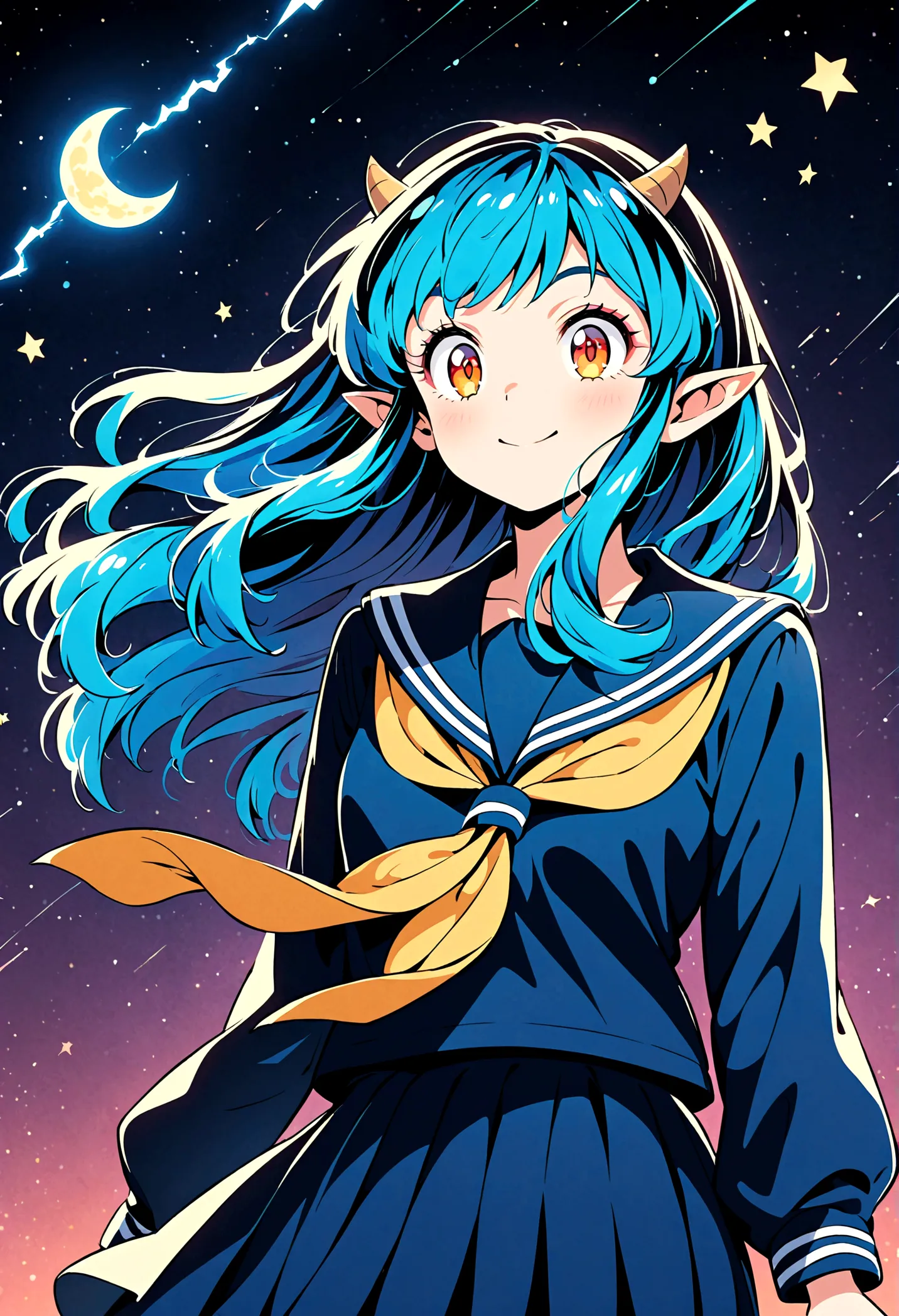 takahashi rumiko style,(1 girl,lum,long hair,bangs,blue hair,orange eyes,horns,pointy ears,aqua hair,oni horns,(eyeshadow),(shir...