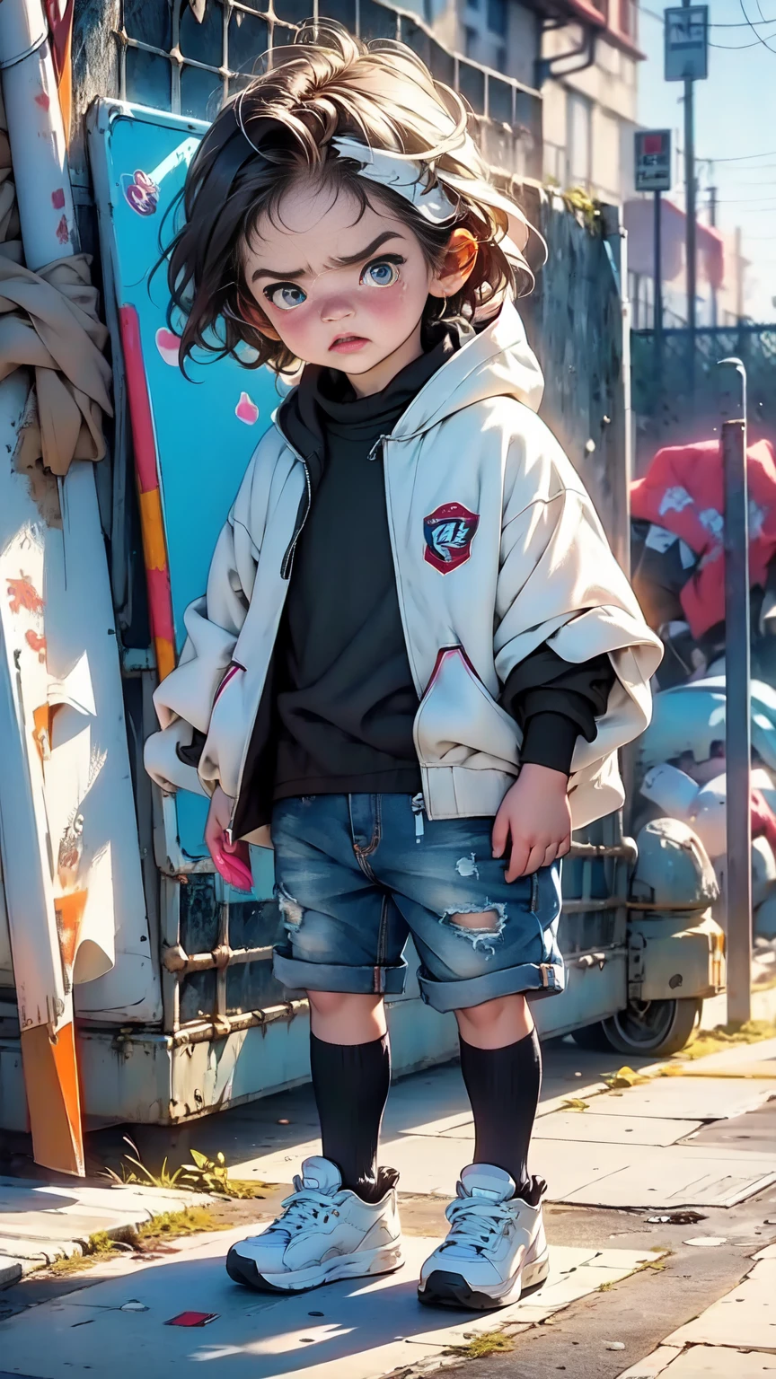 Anime, Long shot, full body:1.5, (5 year old boy:1.4, upset, angry:1.4), hyper realism, skin texture, highly detailed, 8K HD, cute, emotional expression, tears, messy hair, dirty clothes, ice cream spilled on the ground, outdoor park, bright sunlight, detailed background, cinematic lighting, vibrant colors