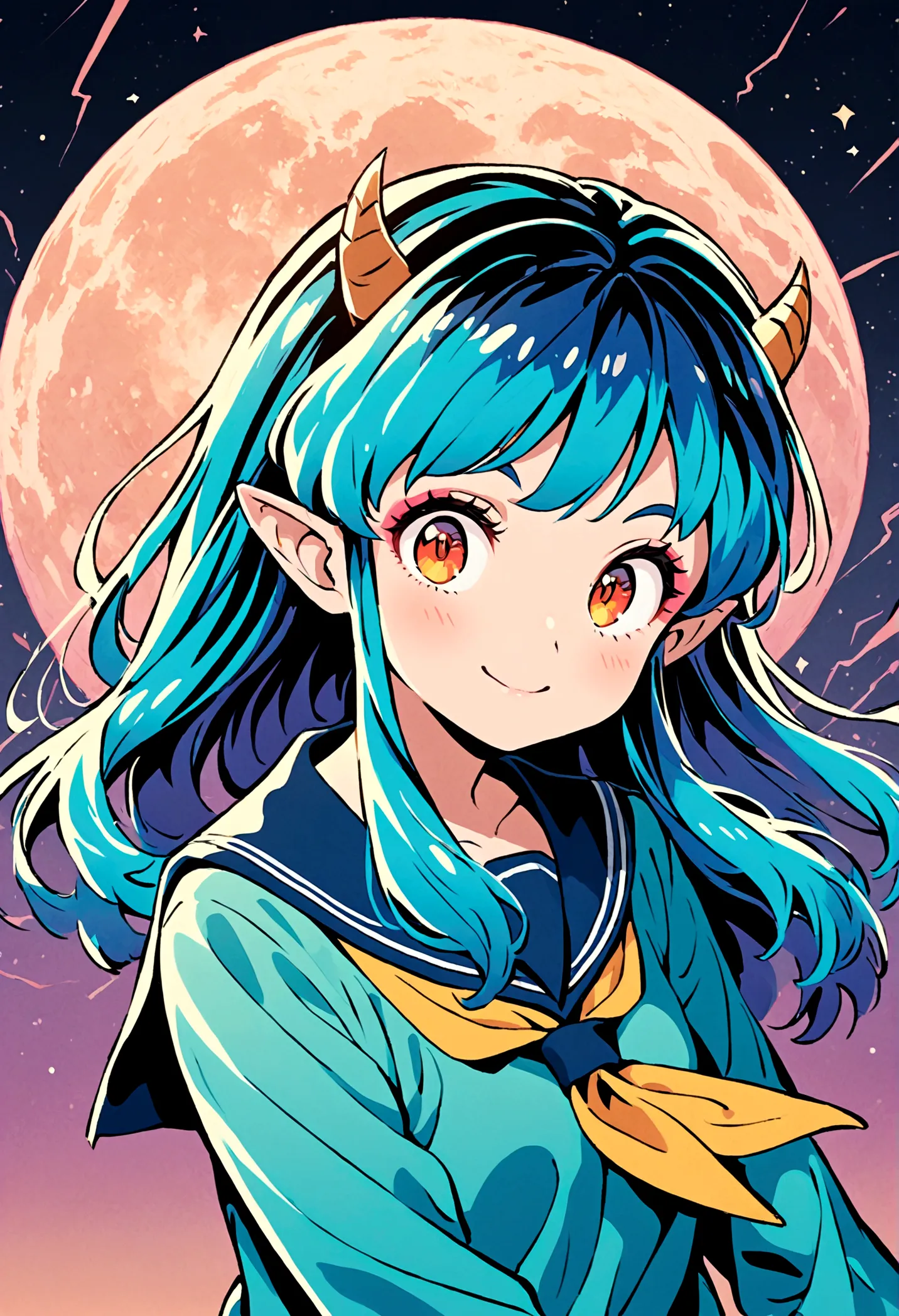 takahashi rumiko style,(1 girl,Lum,long hair,bangs,blue hair,orange eyes,horns,pointy ears,aqua hair,oni horns,(eyeshadow),(shir...