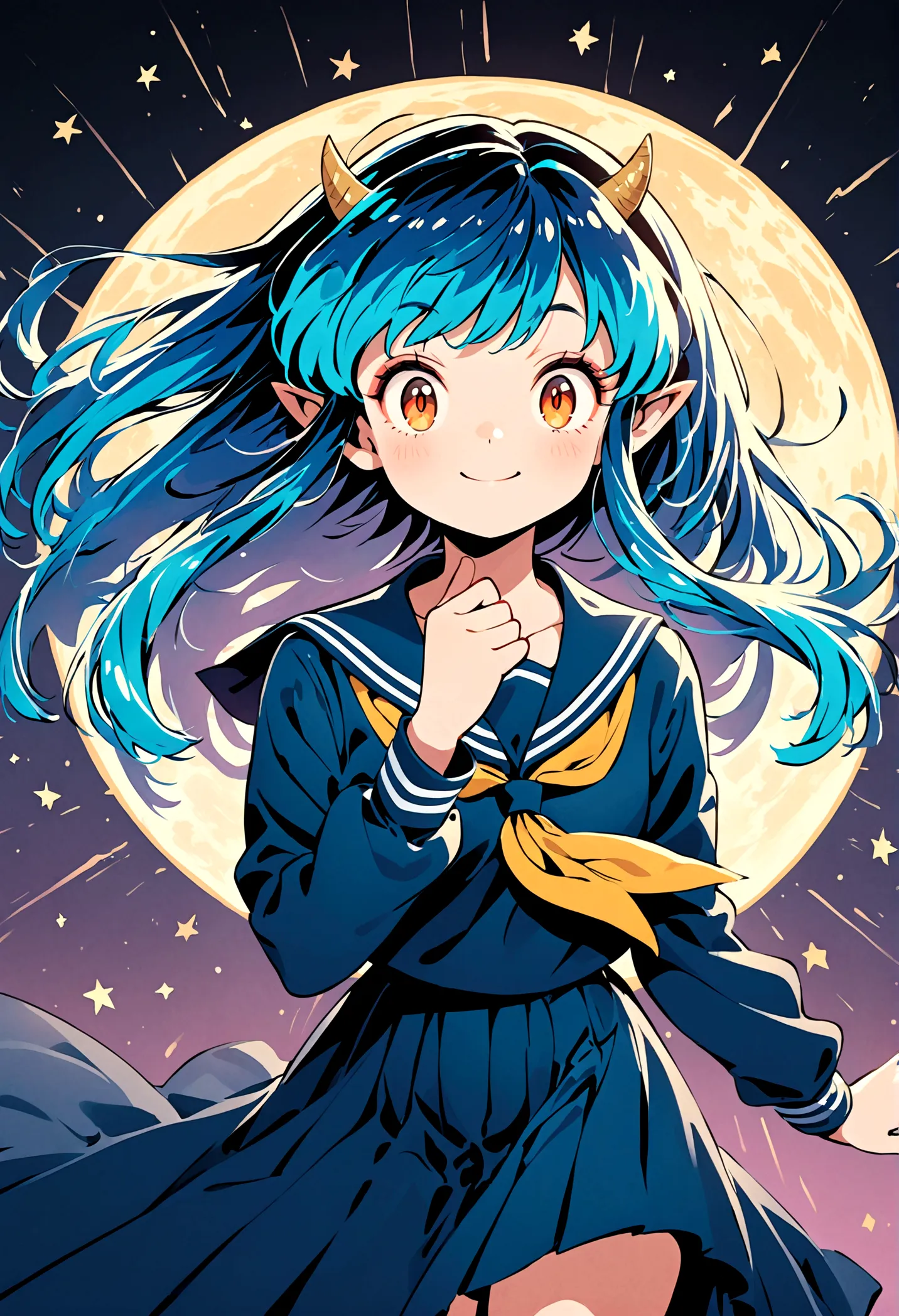 takahashi rumiko style,(1 girl,lum,long hair,bangs,blue hair,orange eyes,horns,pointy ears,aqua hair,oni horns,(eyeshadow),(shir...