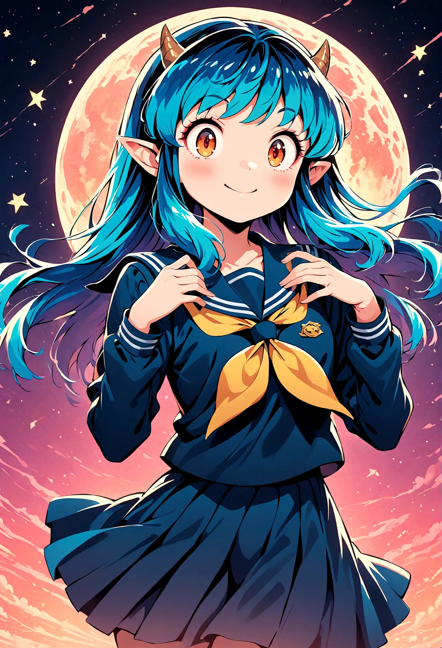 takahashi rumiko style,(1 girl,Lum,long hair,bangs,blue hair,orange eyes,horns,pointy ears,aqua hair,oni horns,(eyeshadow),(shir...