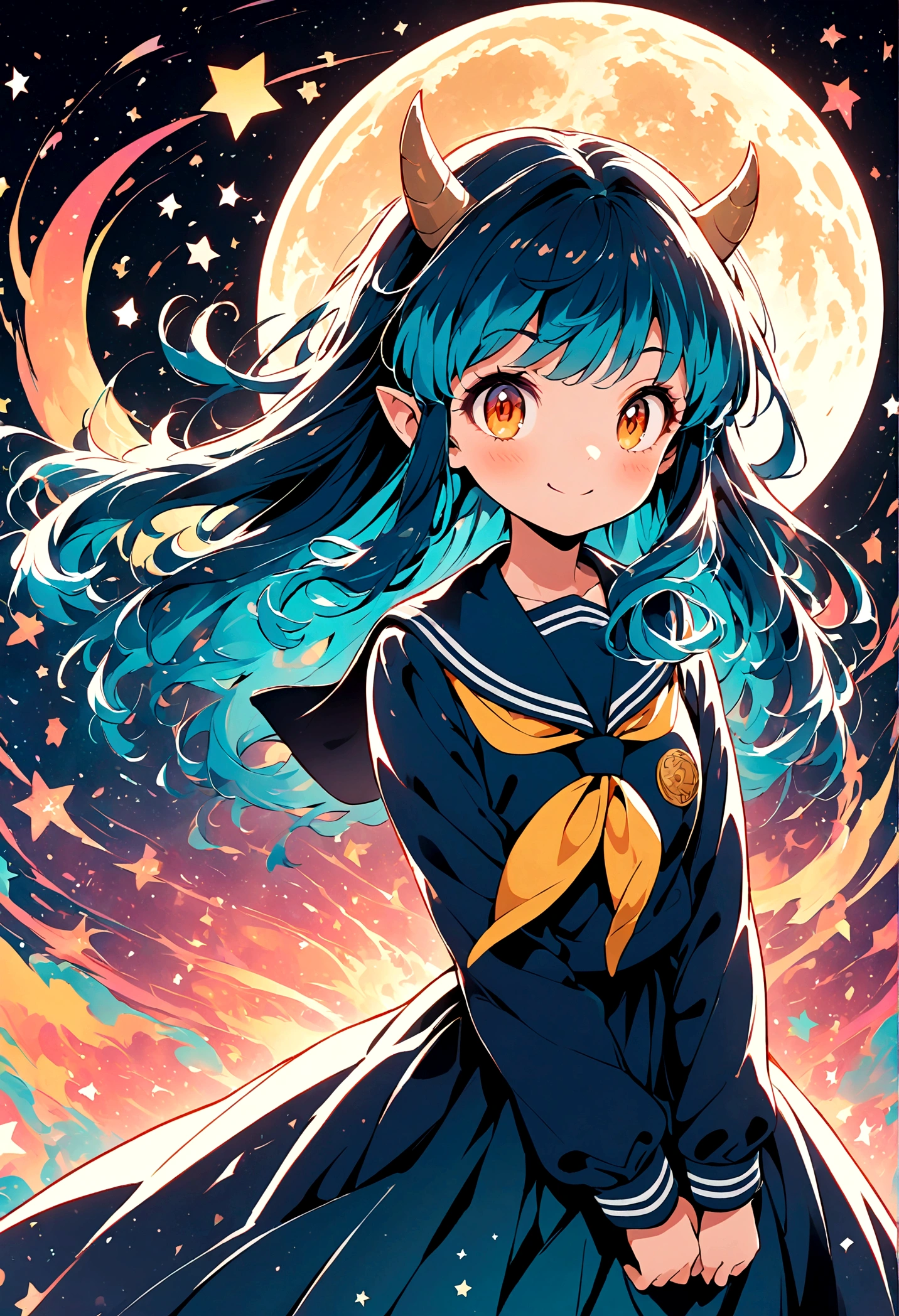 takahashi rumiko style,(1 girl,Lum,long hair,bangs,blue hair,orange eyes,horns,pointy ears,aqua hair,oni horns,(eyeshadow),(shirt,long sleeves,sailor suit,sailor collar,neckerchief,yellow neckerchief,blue shirt,blue sailor collar,blue skirt),the character Lum from "Urusei Yatsura",Do cute girly poses,bright smile,fine,Lum is floating in the air,lightning effect,Bright and cheerful atmosphere,BREAK,(Creates a POP illustration style background,Background elements such as space or a starry sky,Outer space with the moon and stars floating in it,rich colors,colorful,shooting star,draw with thick lines,Sparkling,unbelievably absurd,zentangle elements,vector art),beautiful light and shadow,BREAK,(masterpiece:1.3),(highest quality:1.4),(ultra detailed:1.5),High resolution,extremely detailed,unity 8k wallpaper,intricate details,absurdity,Sparkling,anatomically correct,cute