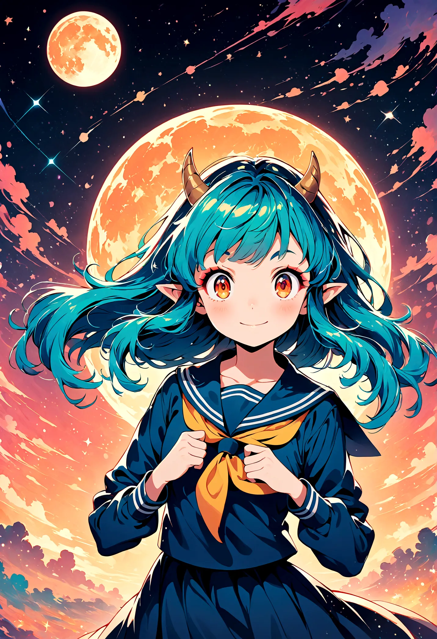 takahashi rumiko style,(1 girl,lum,long hair,bangs,blue hair,orange eyes,horns,pointy ears,aqua hair,oni horns,(eyeshadow),(shir...