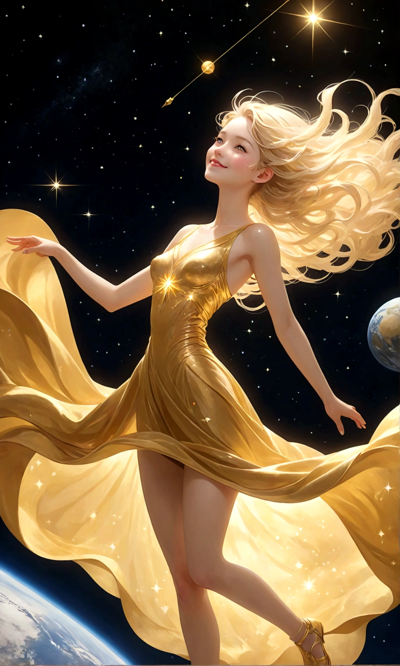 (masterpiece、highest quality、High resolution、8k)、Alone in space、goddess、Smile with closed mouth、Standing posture、whole body、Super beautiful、Perfect figure、Golden Dress、(Floating in the sky like a star、Floating、Floating)、金色のLightがwhole bodyを包んでいる、whole bodyがLightの中にある、Looking down on the earth、(目がくらむほどのLight、Light、Light)、宇宙はLightに満ちている、Dynamic Movement、The Universe is Infinite、