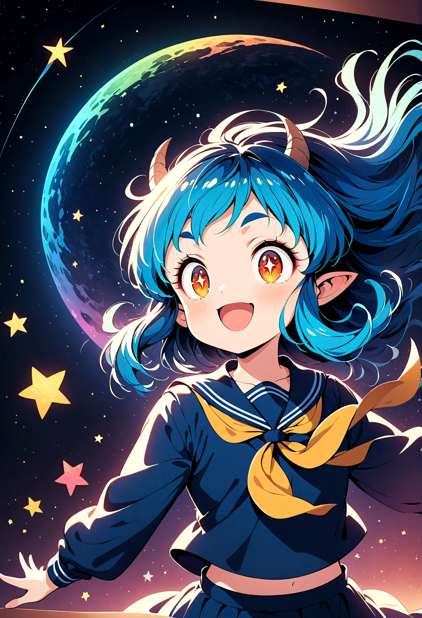 takahashi rumiko style,(1 girl,lum,long hair,bangs,blue hair,orange eyes,horns,pointy ears,aqua hair,oni horns,(eyeshadow),(shir...