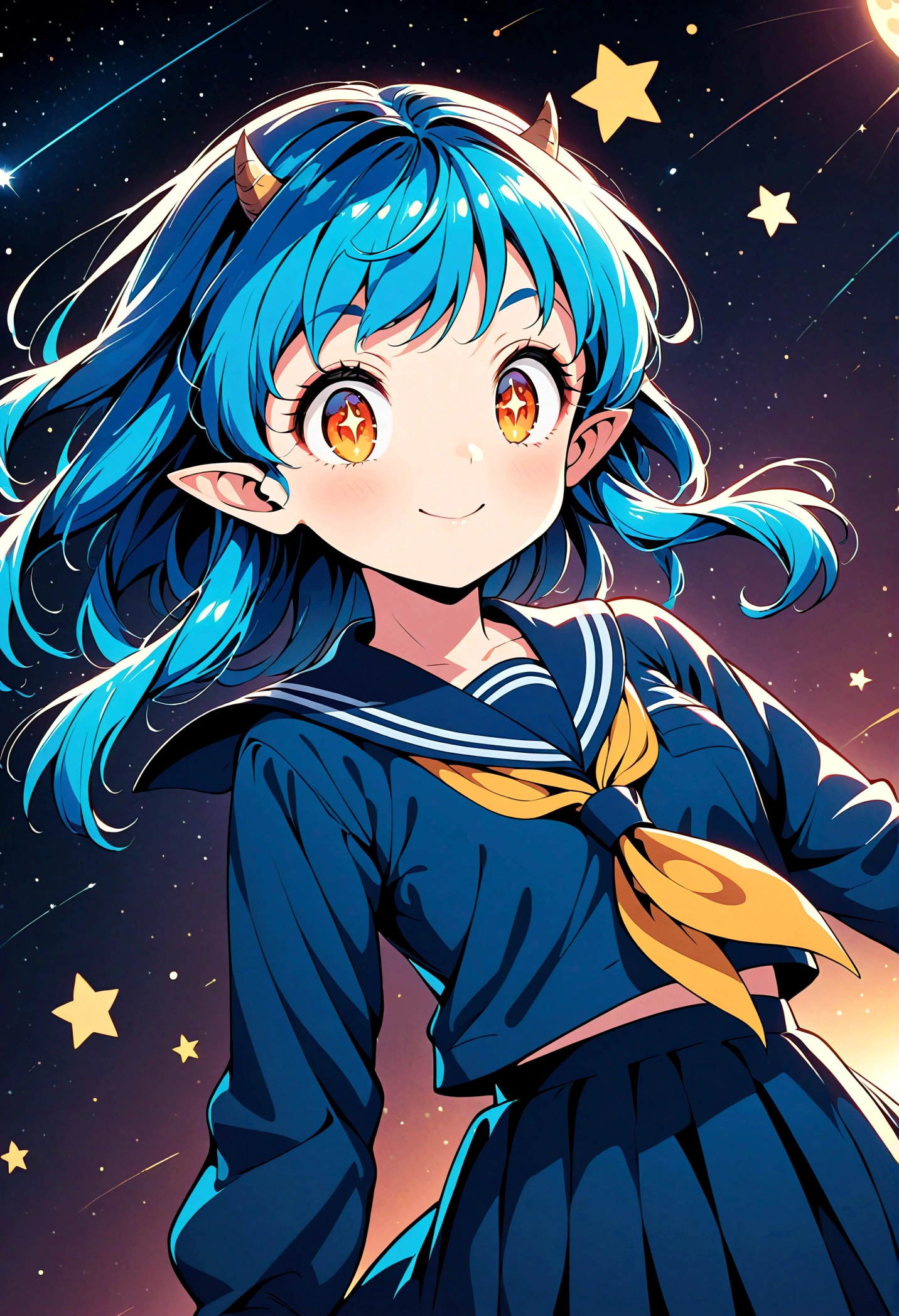 takahashi rumiko style,(1 girl,Lum,long hair,bangs,blue hair,orange eyes,horns,pointy ears,aqua hair,oni horns,(eyeshadow),(shirt,long sleeves,sailor suit,sailor collar,neckerchief,yellow neckerchief,blue shirt,blue sailor collar,blue skirt),the character Lum from "Urusei Yatsura",girly,bright smile,fine,Lum is floating in the air,jump,Bright and cheerful atmosphere,BREAK,(Creates a POP illustration style background,Background elements such as space or a starry sky,Outer space with the moon and stars floating in it,rich colors,colorful,shooting star,draw with thick lines,Sparkling,unbelievably absurd,zentangle elements,vector art),beautiful light and shadow,BREAK,(masterpiece:1.3),(highest quality:1.4),(ultra detailed:1.5),High resolution,extremely detailed,unity 8k wallpaper,intricate details,absurdity,Sparkling,anatomically correct,cute,sparkling eyes