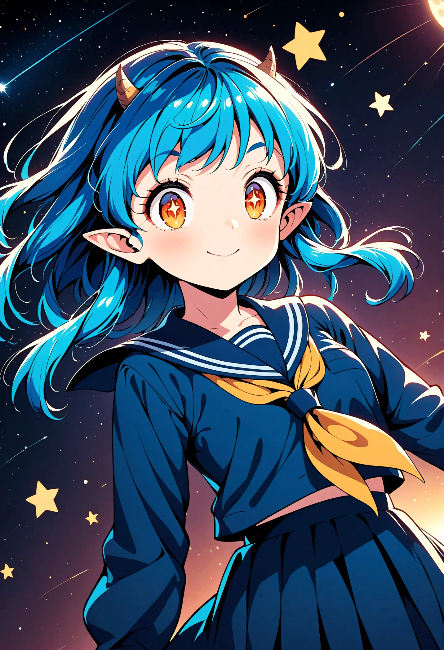 takahashi rumiko style,(1 girl,Lum,long hair,bangs,blue hair,orange eyes,horns,pointy ears,aqua hair,oni horns,(eyeshadow),(shir...