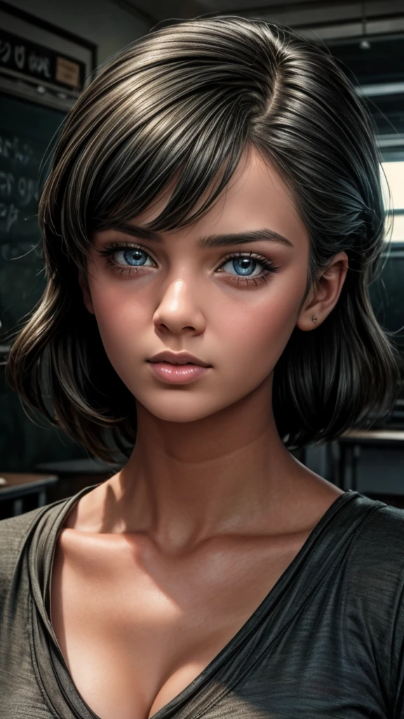 beautiful detailed eyes, beautiful detailed lips, extremely detailed eyes and face, long eyelashes, 1girl, classroom, looking sideways, disgusted expression, dramatic lighting, moody atmosphere, gloomy, desaturated colors, cinematic, high quality, 8k, hyper detailed, masterpiece, photorealistic